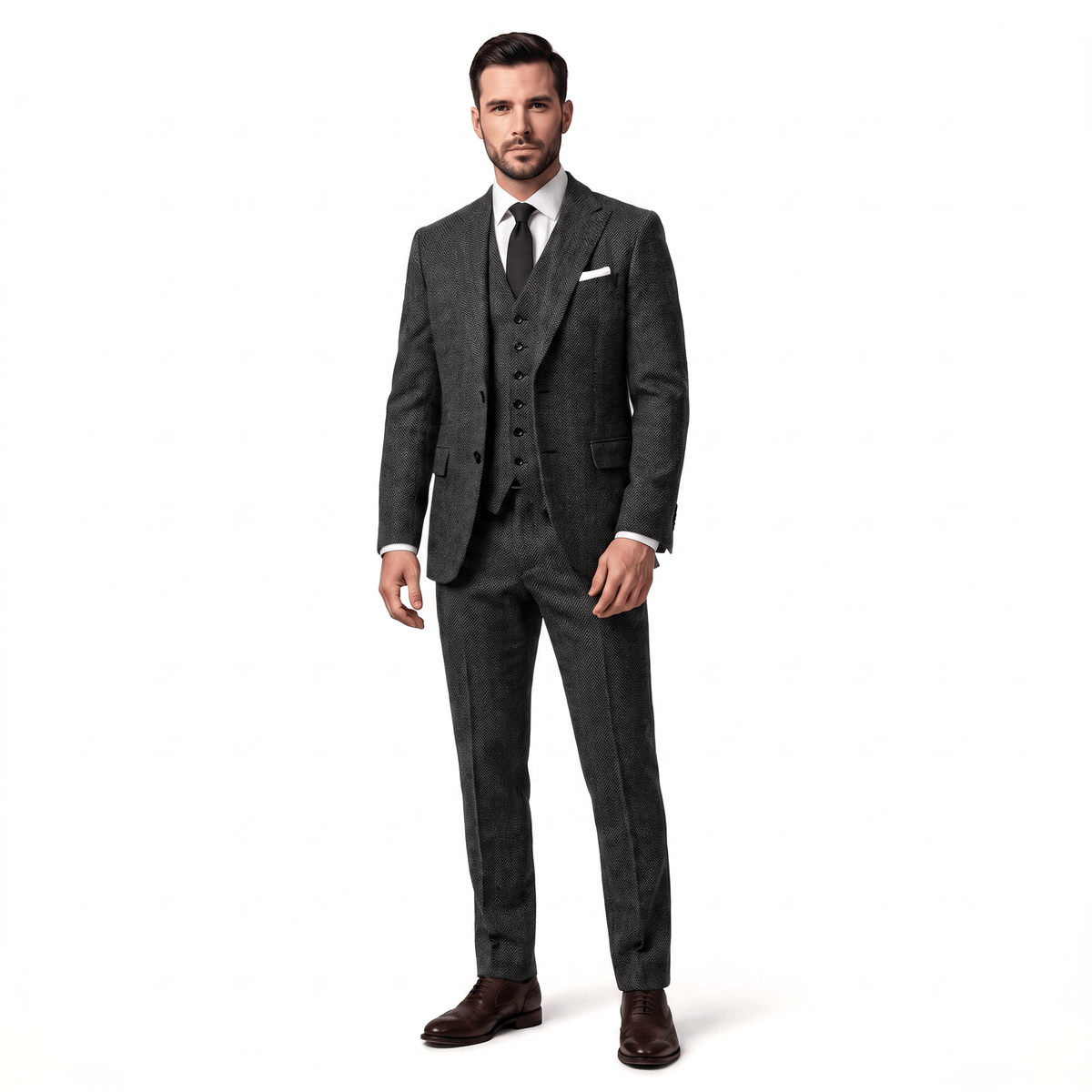 Aesido Aesido Classic 3 Pieces Men's Suit Herringbone Peak Lapel Suit(Blazer+vest+Pants)