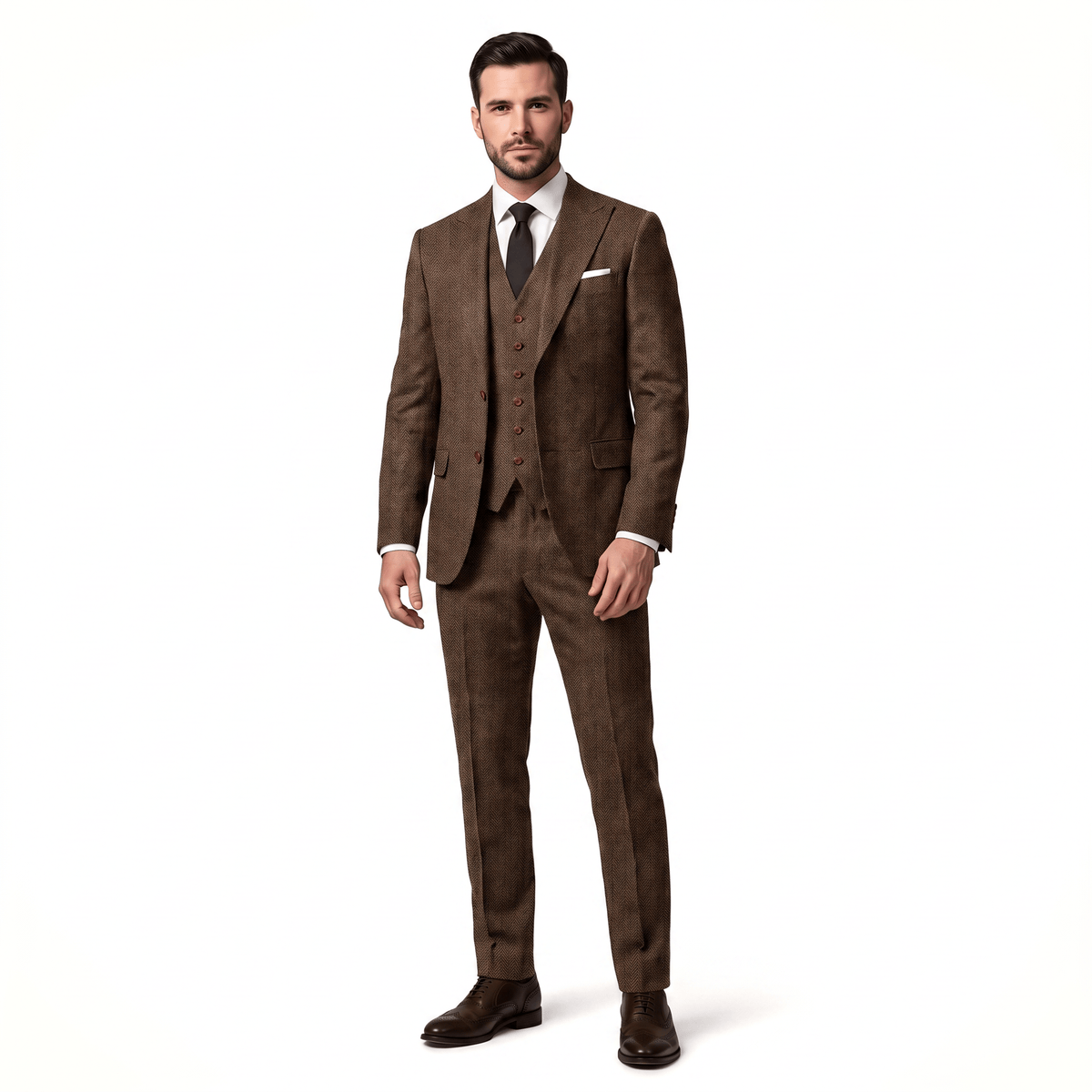 Aesido Aesido Classic 3 Pieces Men's Suit Herringbone Peak Lapel Suit(Blazer+vest+Pants)