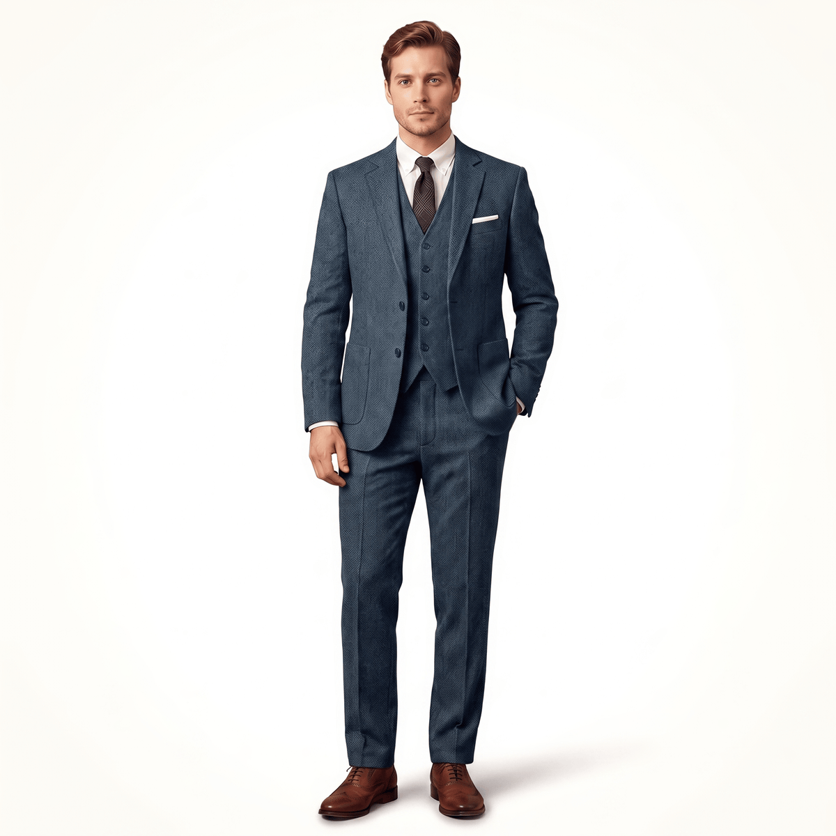 Aesido Aesido Double Buttons Casual Men's Suit 3 Pieces Classic Tweed Notch Lapel Tuxedos (Blazer+vest+Pants)