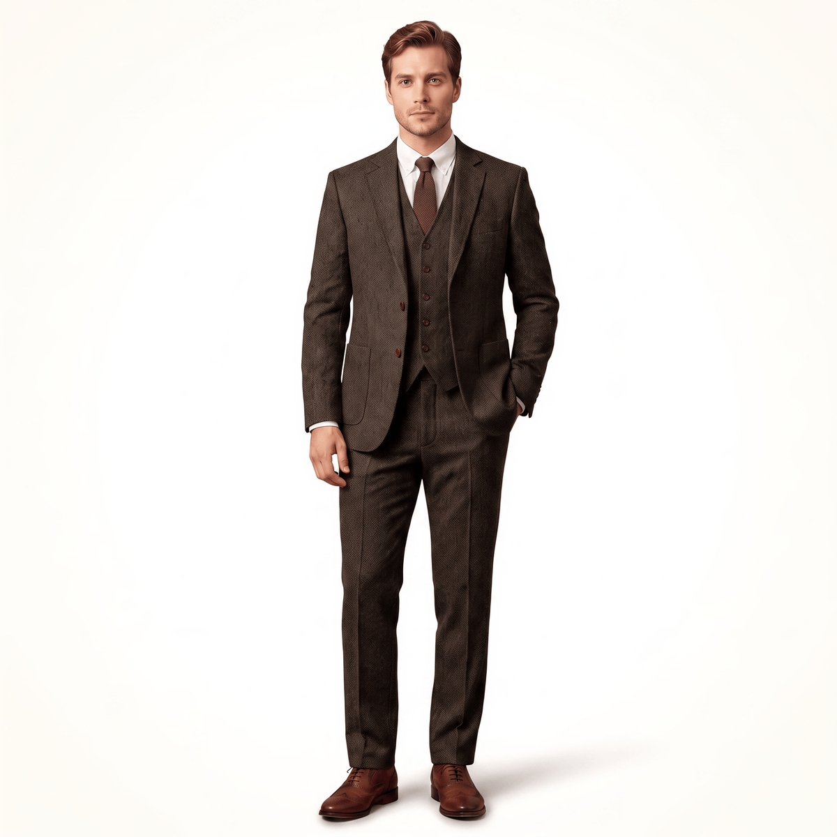 Aesido Aesido Double Buttons Casual Men's Suit 3 Pieces Classic Tweed Notch Lapel Tuxedos (Blazer+vest+Pants)