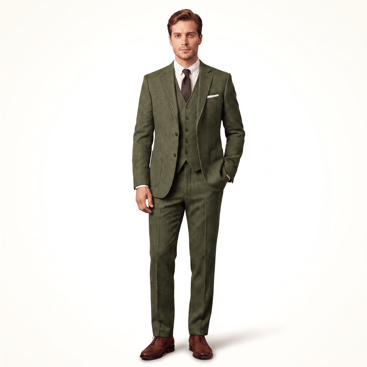 Aesido Aesido Double Buttons Casual Men's Suit 3 Pieces Classic Tweed Notch Lapel Tuxedos (Blazer+vest+Pants)