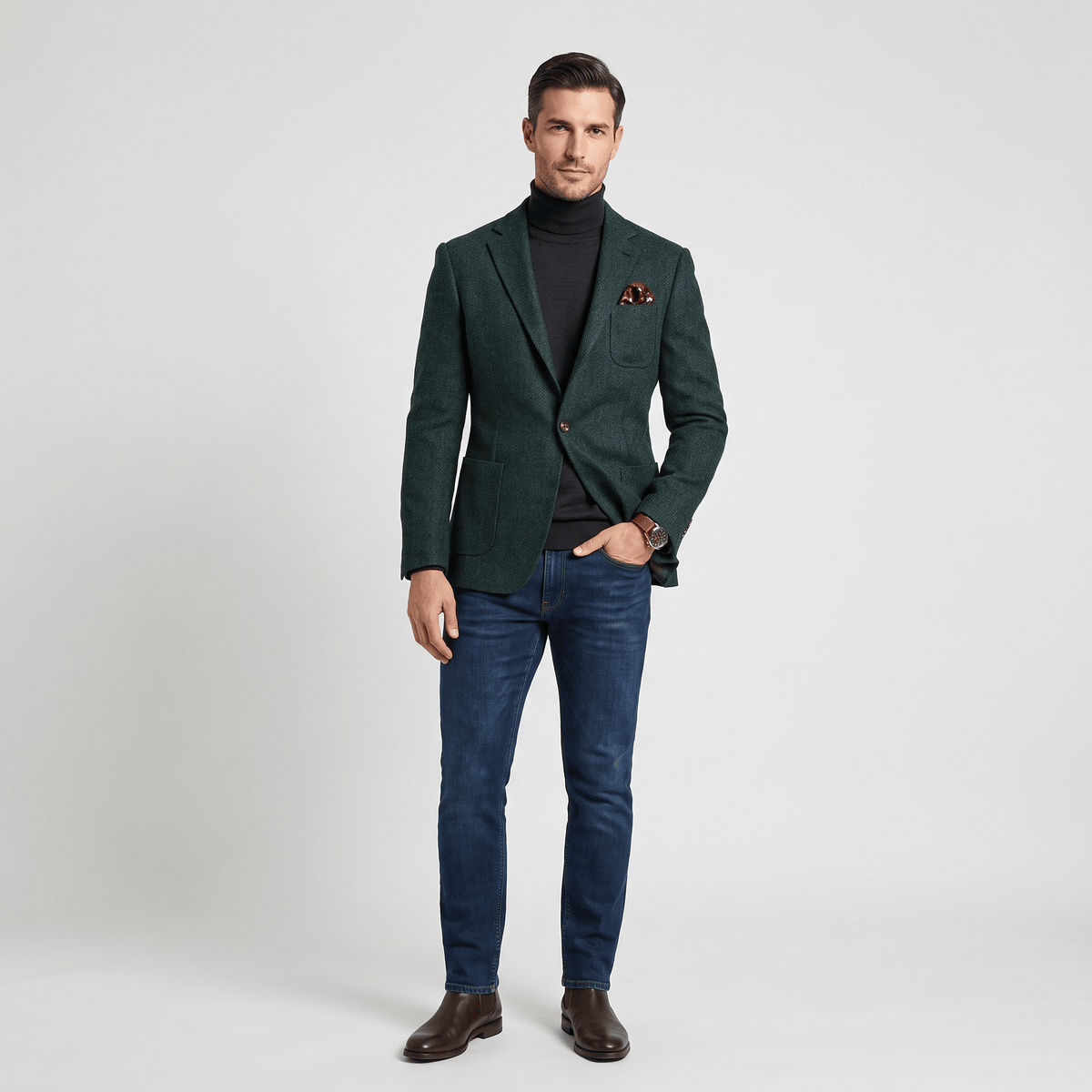 aesido Aesido Hunt Green Herringbone Slim Fit Vintage Wool Casual Notch Lapel Men's Blazer