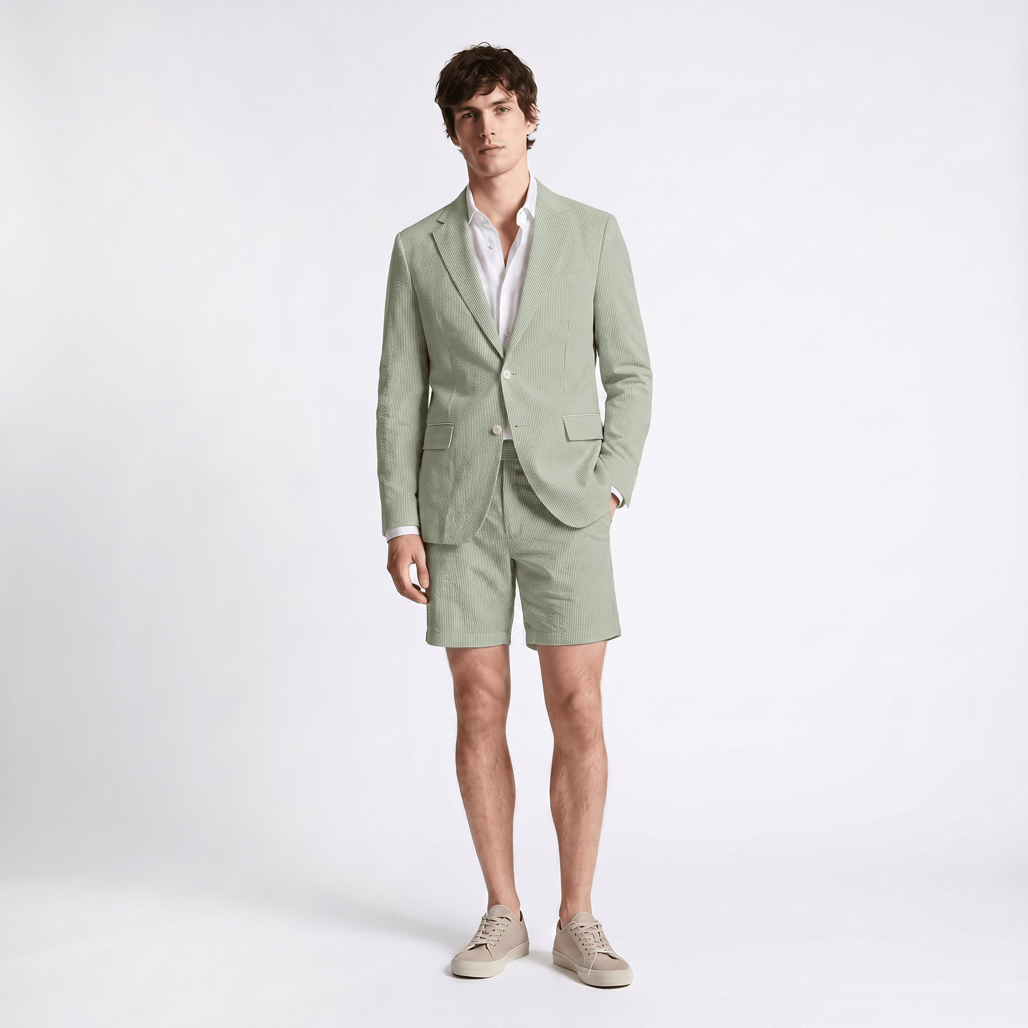 Aesido Aesido Light Blue Seersucker 2-Piece Men’s Summer Suit (Blazer + Shorts)