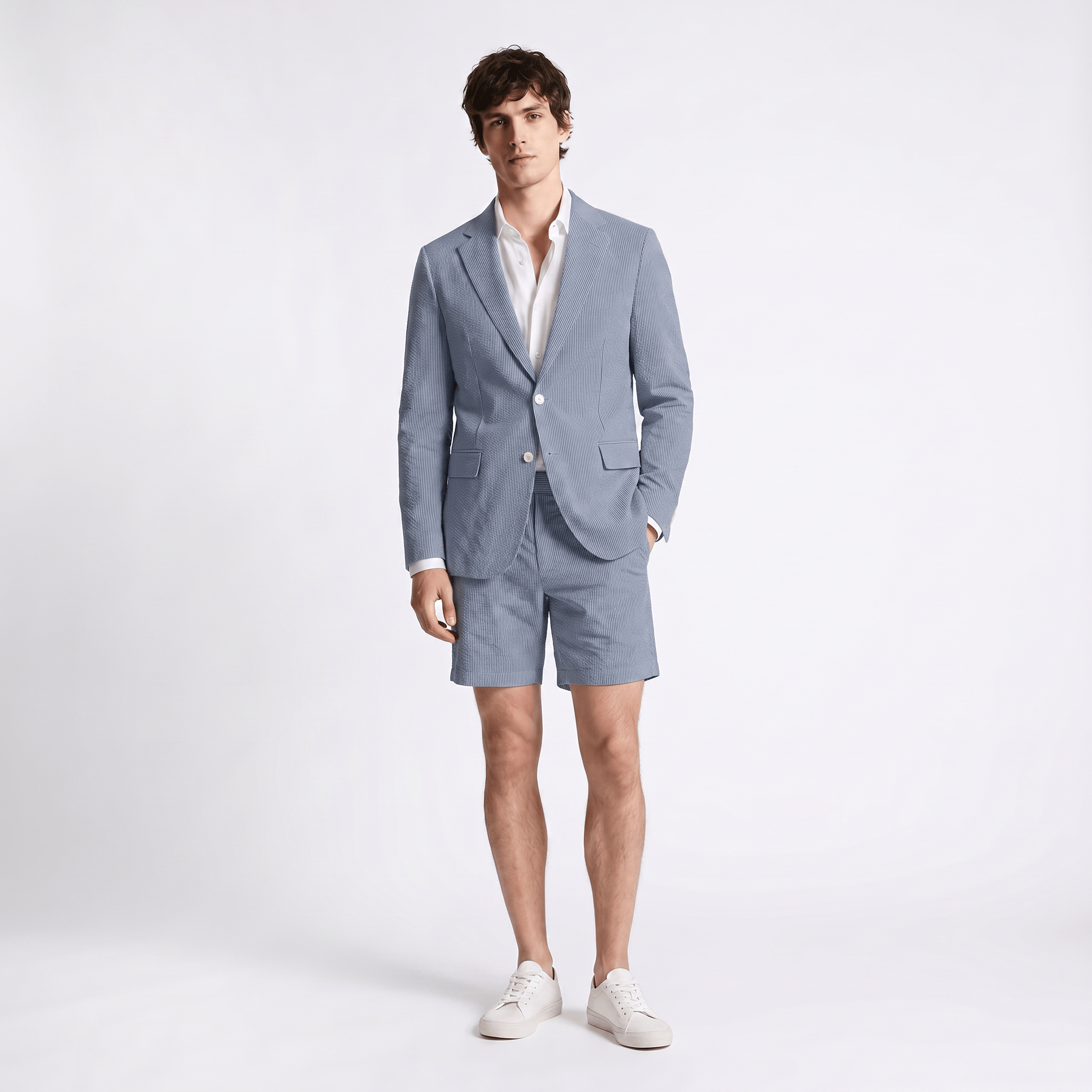 Aesido Aesido Light Blue Seersucker 2-Piece Men’s Summer Suit (Blazer + Shorts)