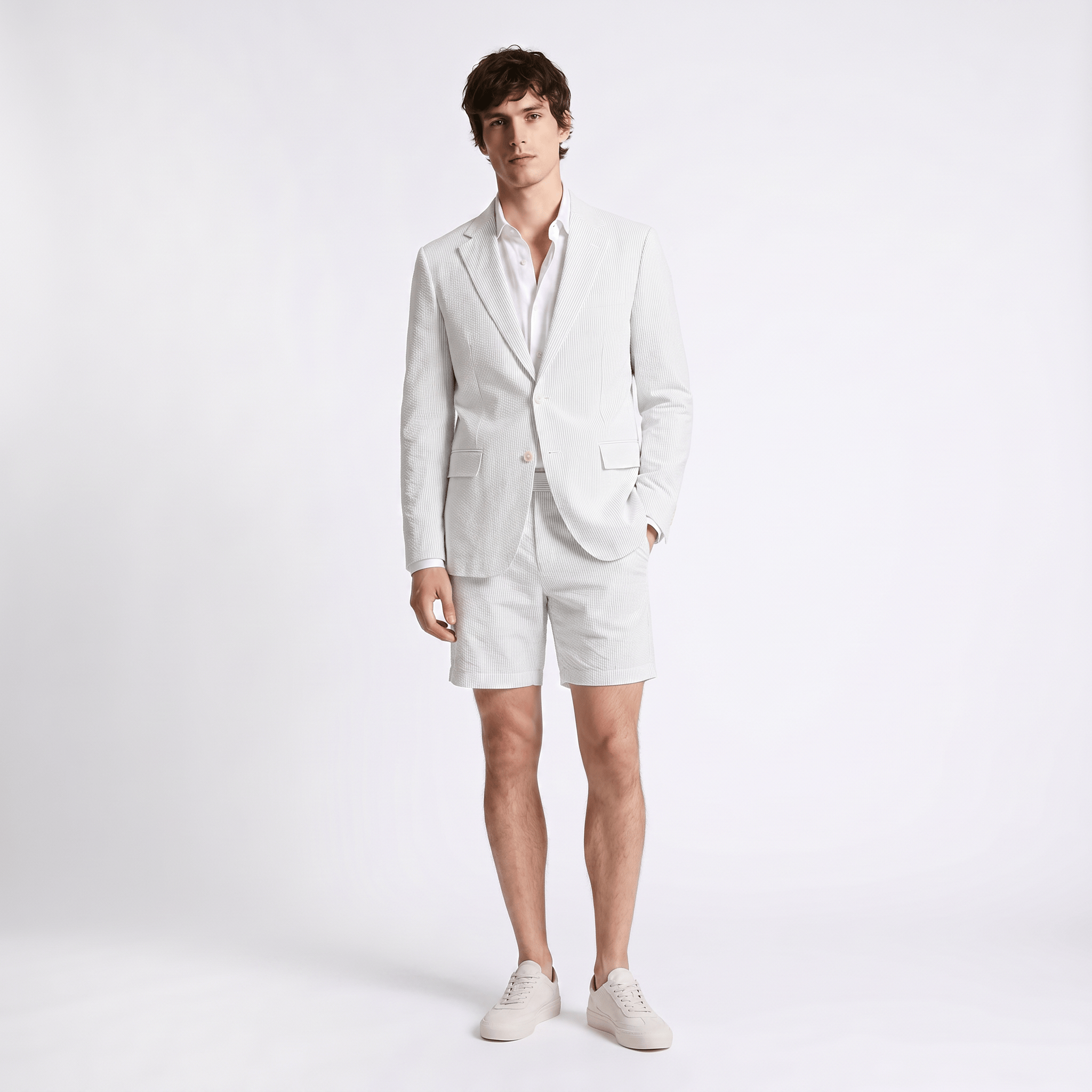 Aesido Light Blue Seersucker 2-Piece Men’s Summer Suit (Blazer + Shorts) Light Blue / 36R