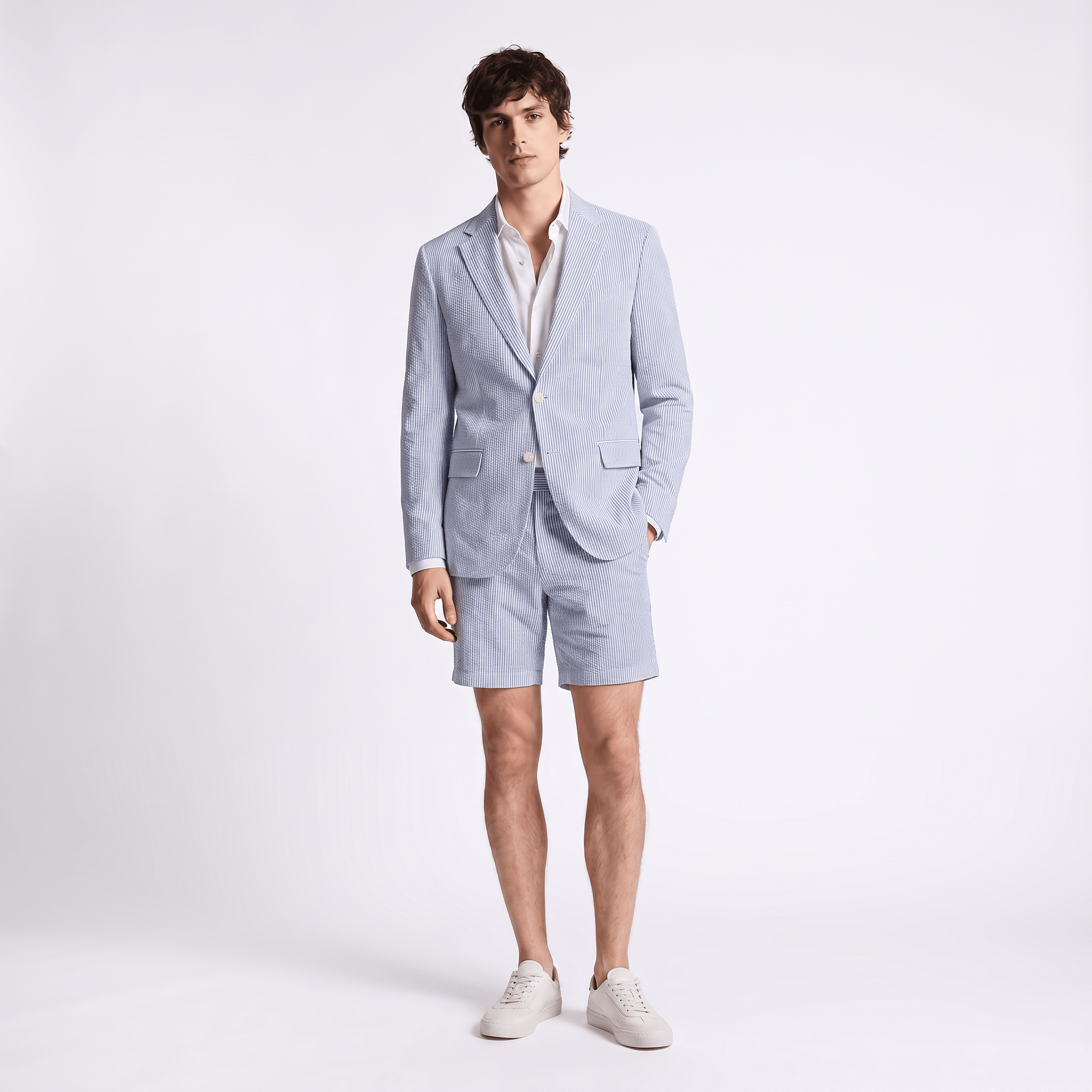 Aesido Aesido Light Blue Seersucker 2-Piece Men’s Summer Suit (Blazer + Shorts)