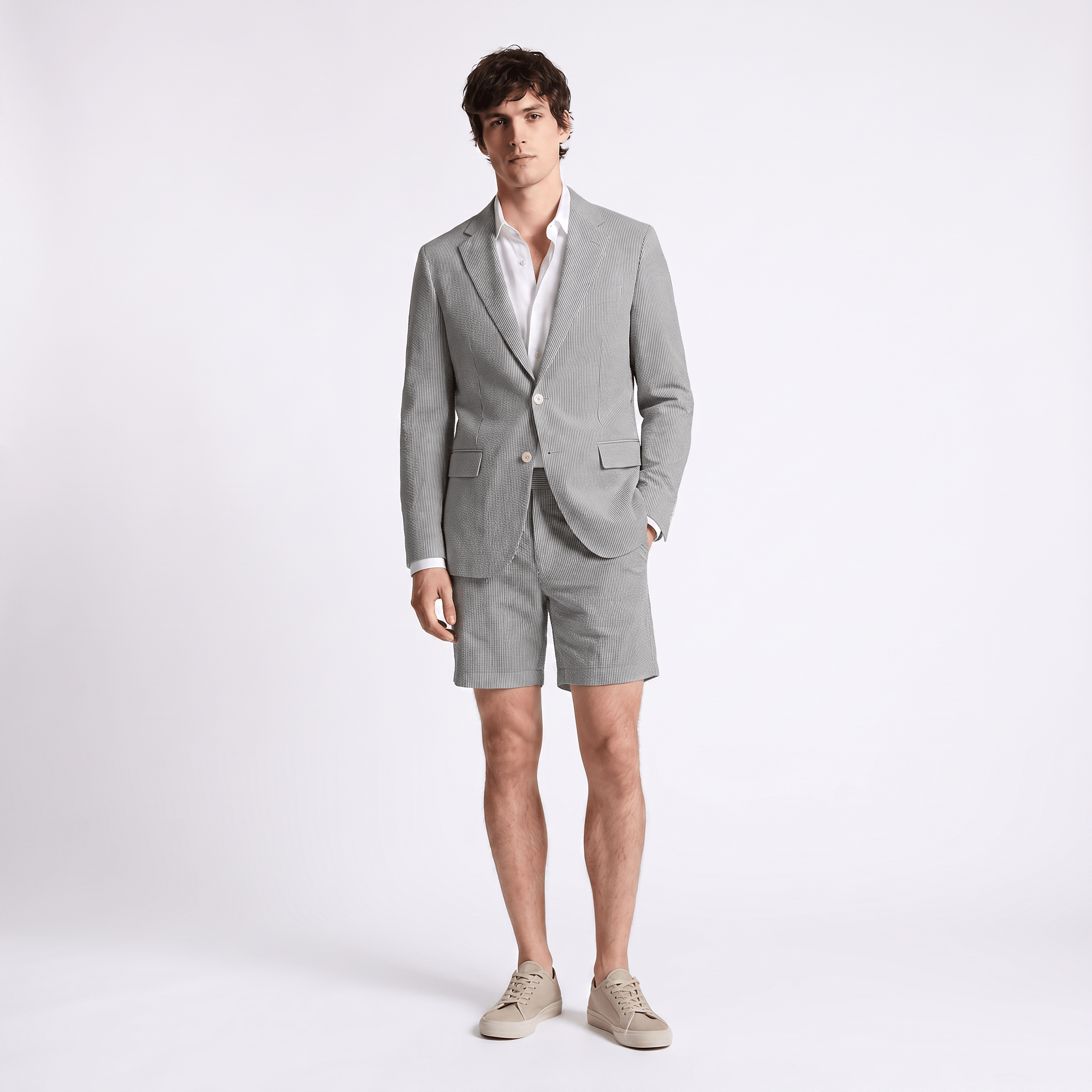 Aesido Aesido Light Blue Seersucker 2-Piece Men’s Summer Suit (Blazer + Shorts)