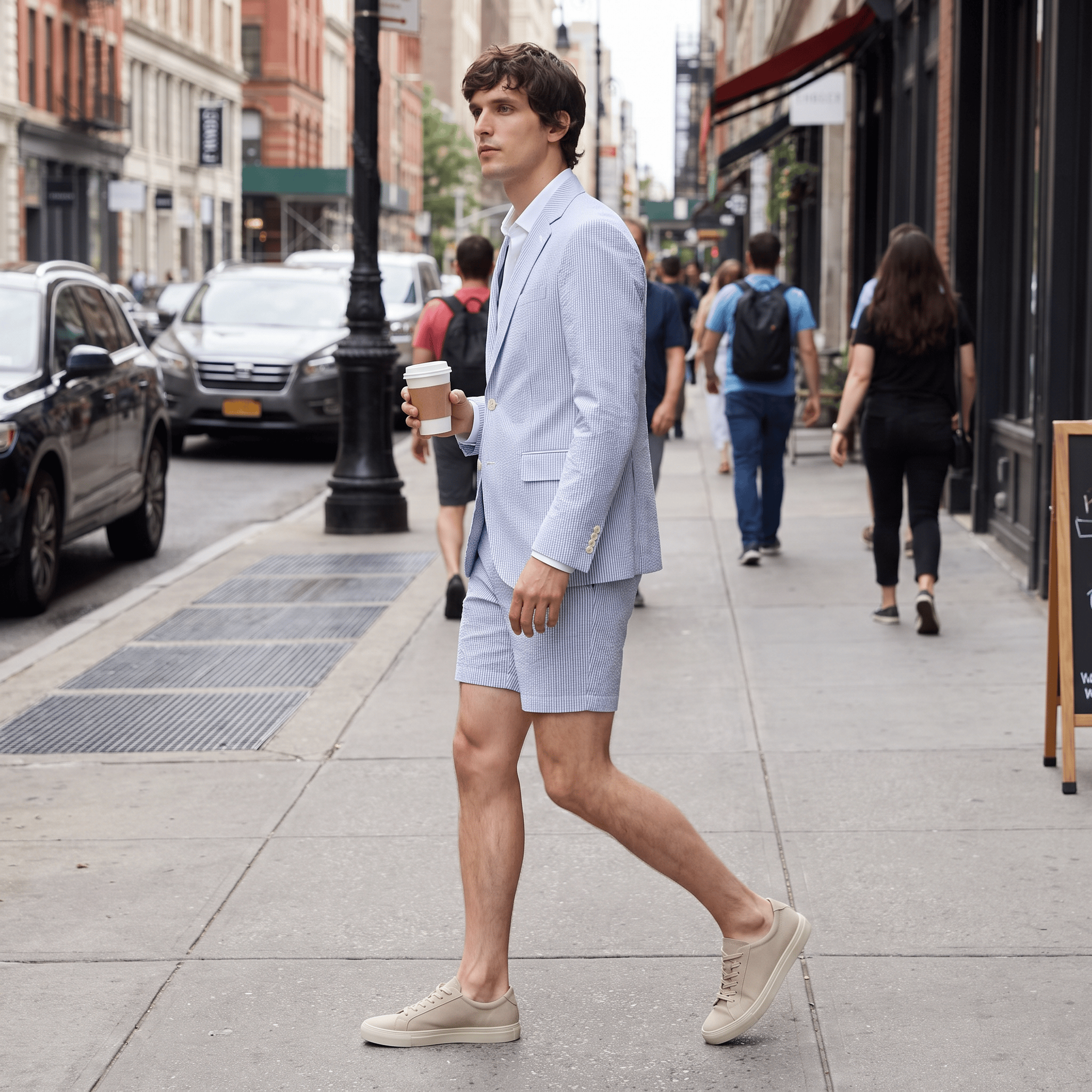 Aesido Aesido Light Blue Seersucker 2-Piece Men’s Summer Suit (Blazer + Shorts)