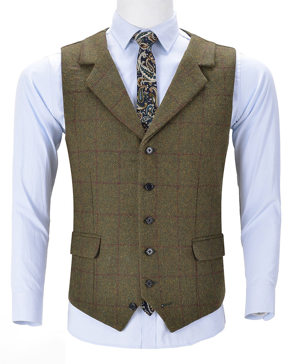 aesido Army Green Formal Plaid Notch Lapel Waistcoat Slim Fit Suit Vest