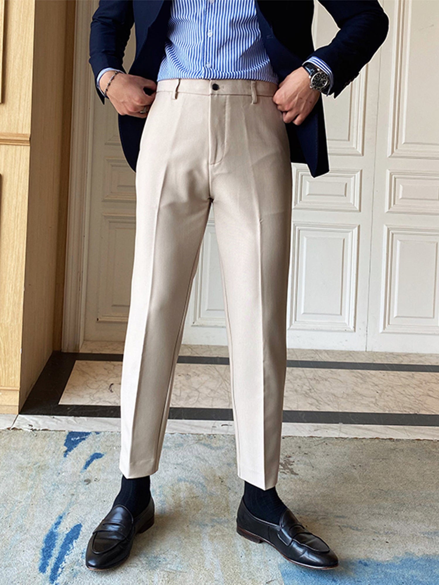Beige Men's Business Casual Slim Straight Pants Beige / 42W X 34L Beige Men's Business Casual Slim Straight Pants Beige / 42W X 34L