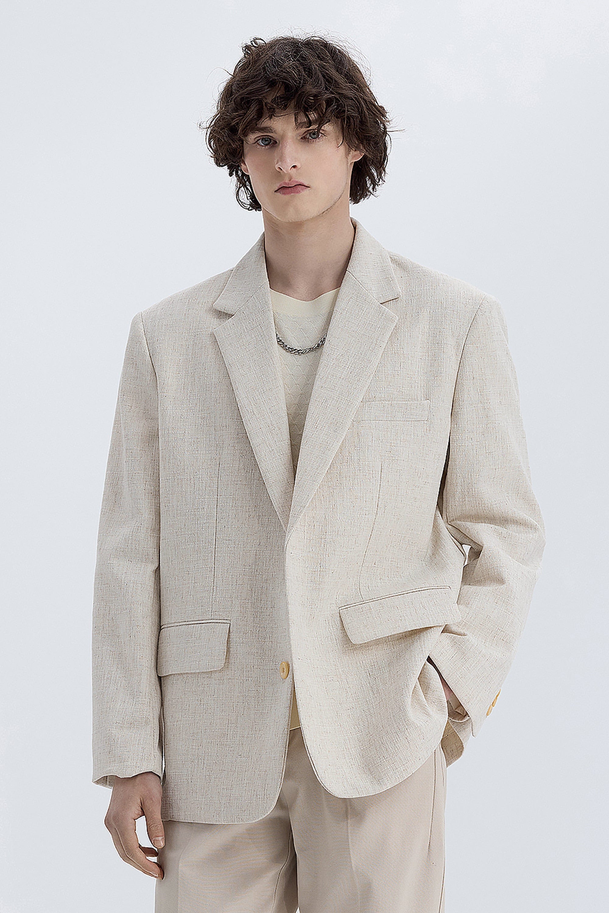 aesido Beige Men's Vintage Single-Breasted Linen Casual Blazer
