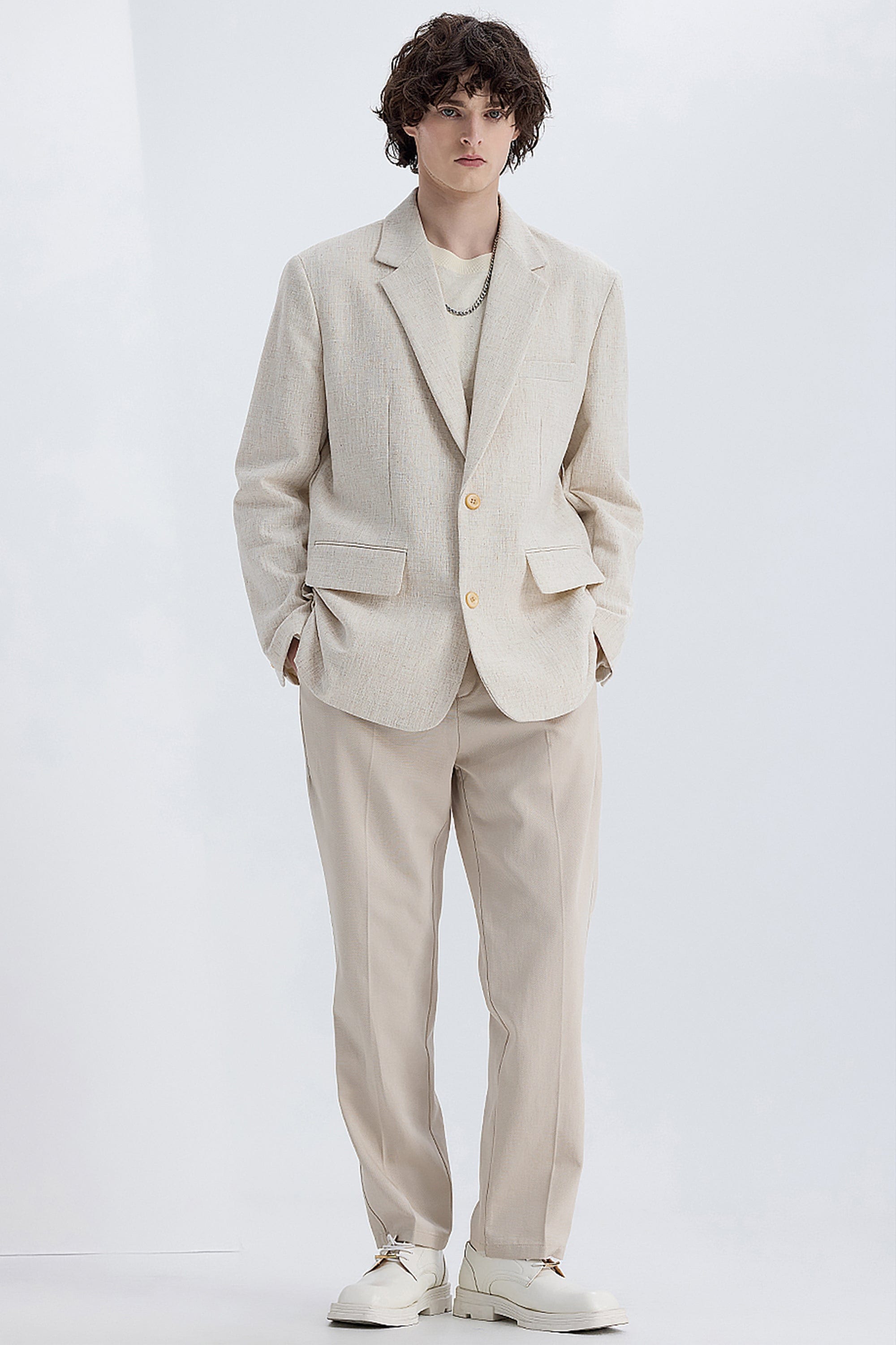 aesido Beige Men's Vintage Single-Breasted Linen Casual Blazer