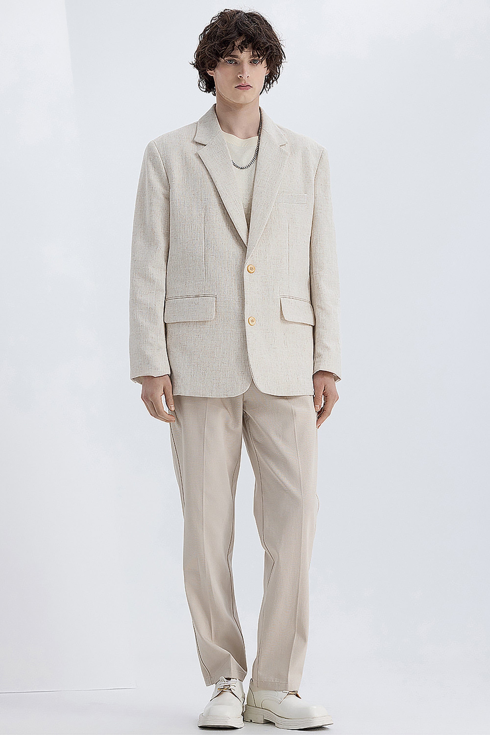 aesido Beige Men's Vintage Single-Breasted Linen Casual Blazer