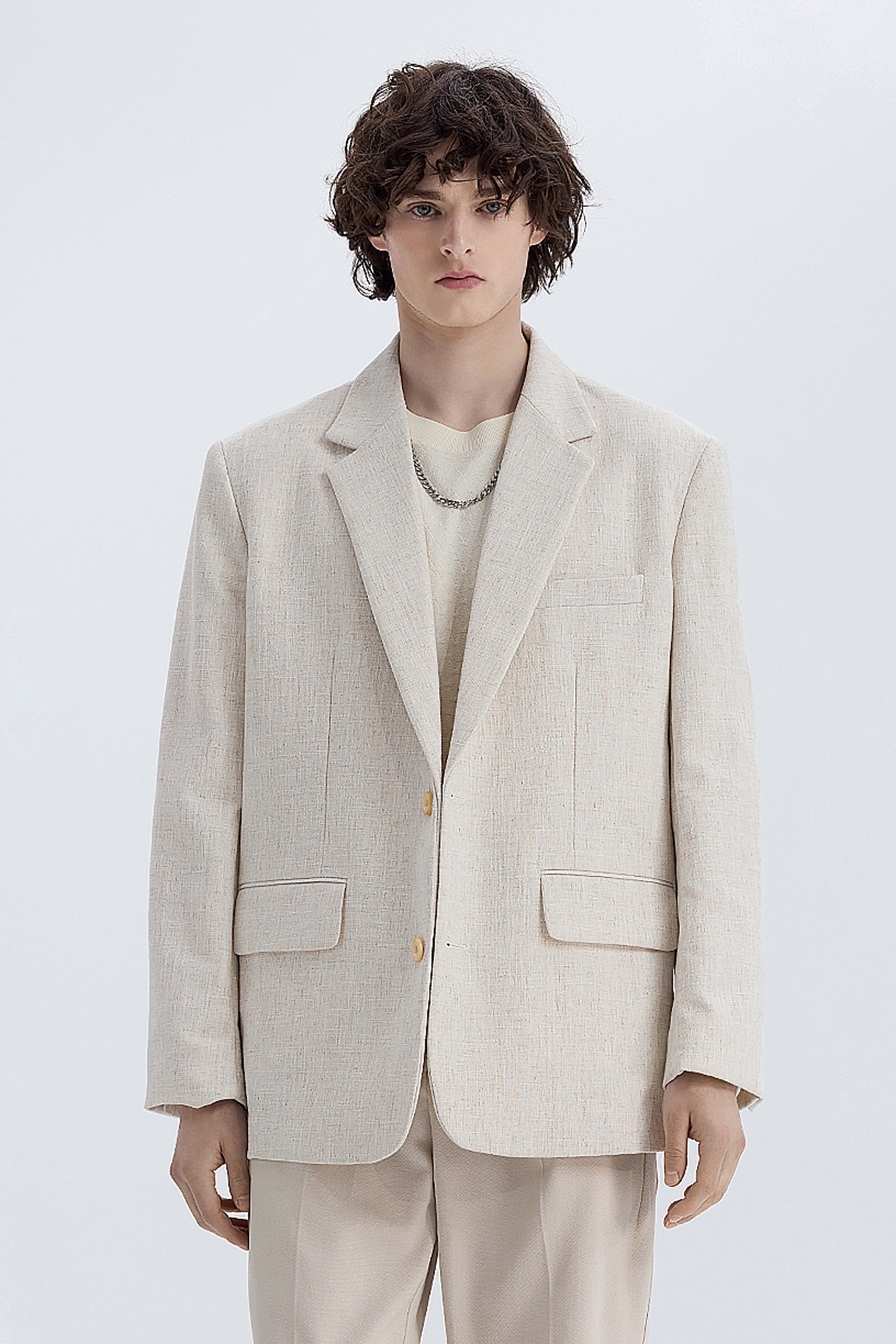 aesido Beige Men's Vintage Single-Breasted Linen Casual Blazer