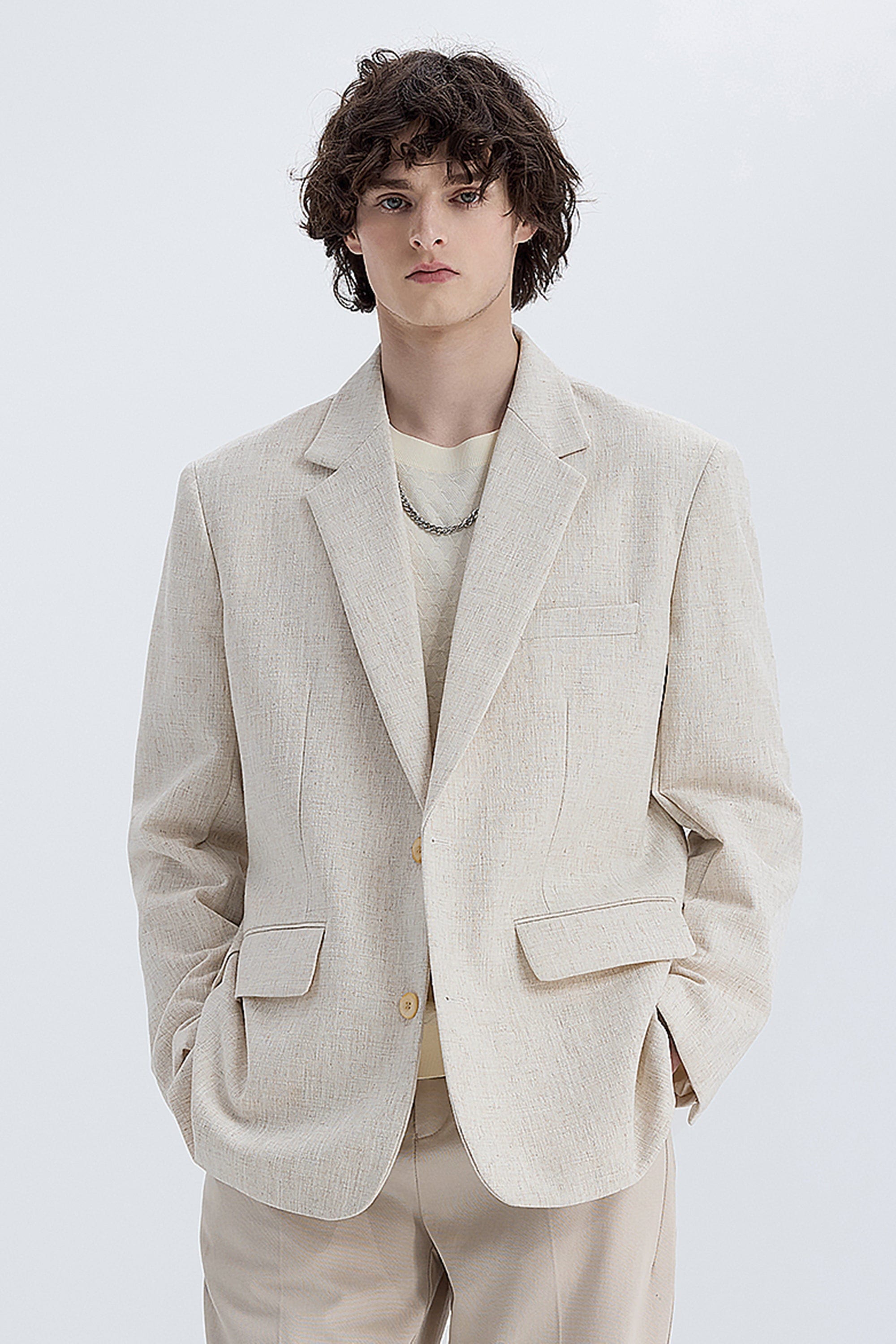 aesido Beige Men's Vintage Single-Breasted Linen Casual Blazer