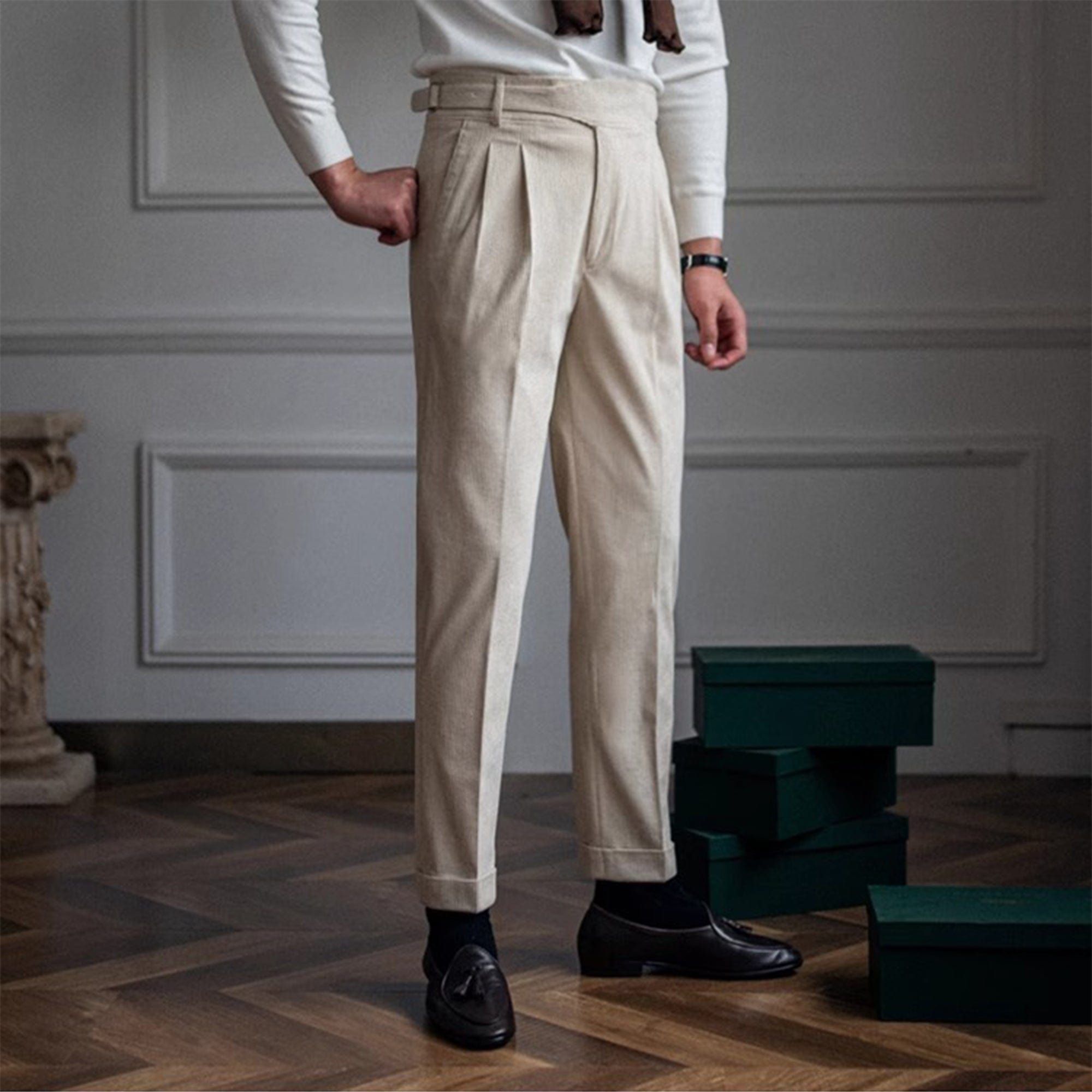 aesido Beige Retro High-Waisted Straight-Leg Curled Corduroy Men's Trousers
