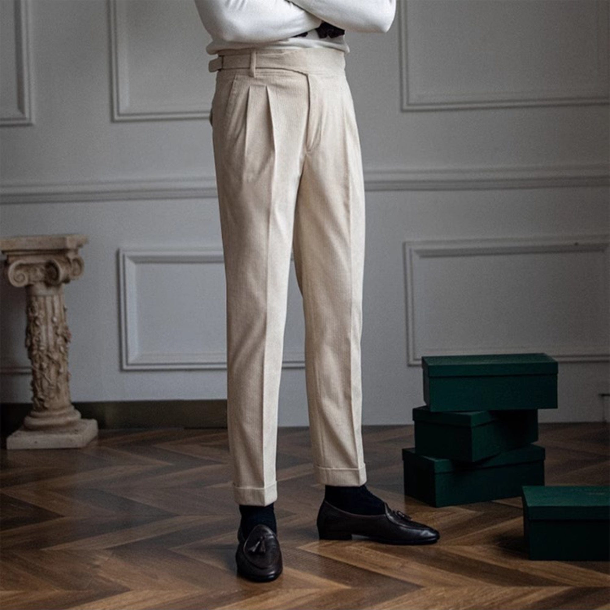 aesido Beige Retro High-Waisted Straight-Leg Curled Corduroy Men's Trousers