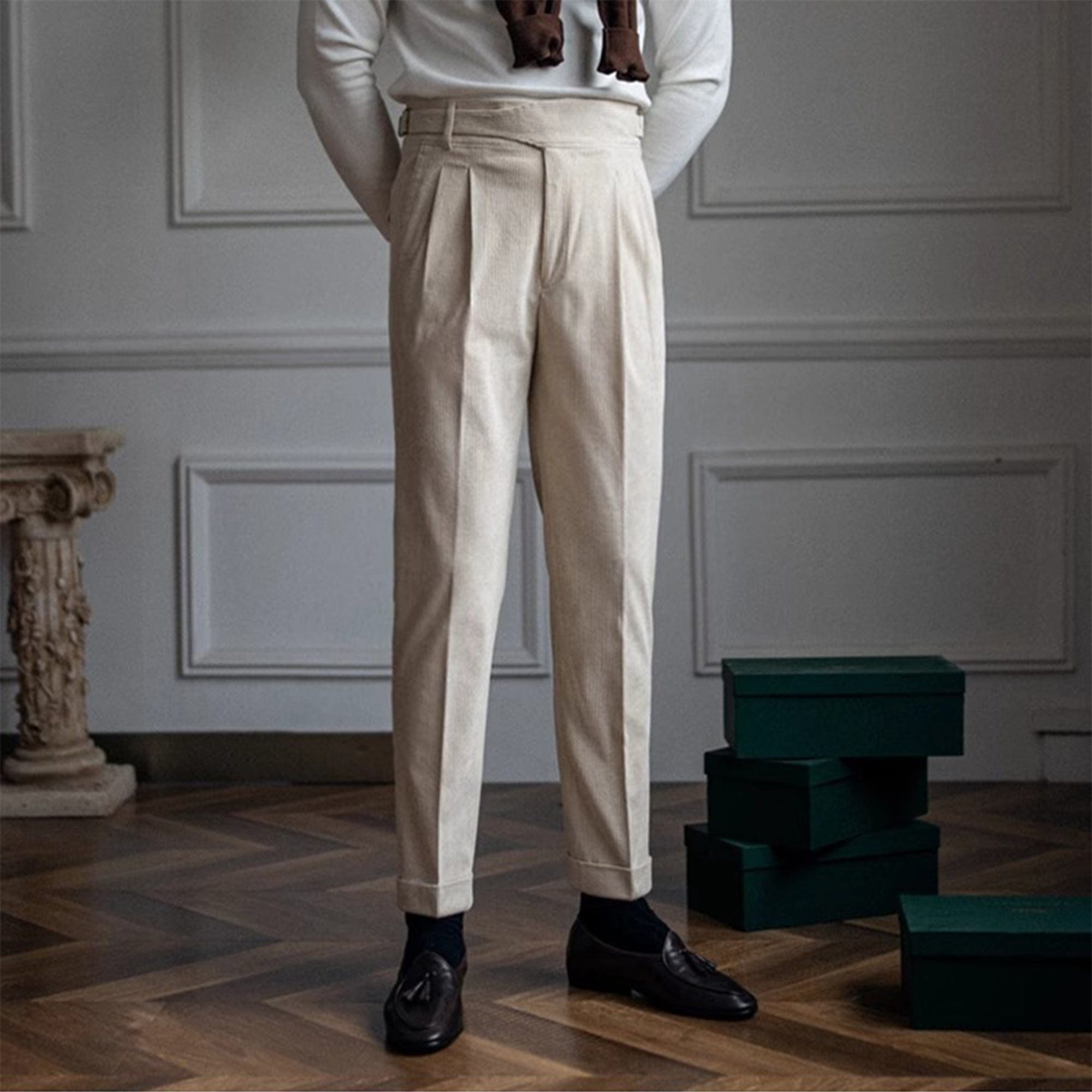 aesido Beige Retro High-Waisted Straight-Leg Curled Corduroy Men's Trousers