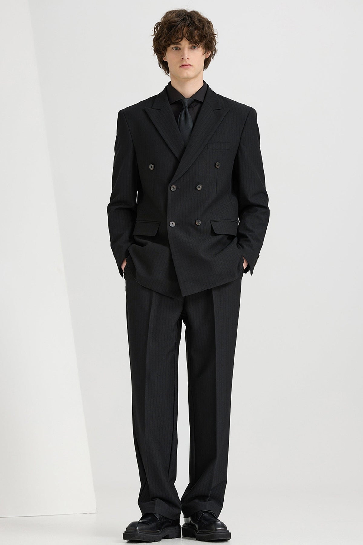 Black 2 Piece High Quality Double Breasted Peaked Lapel Loose Casual M