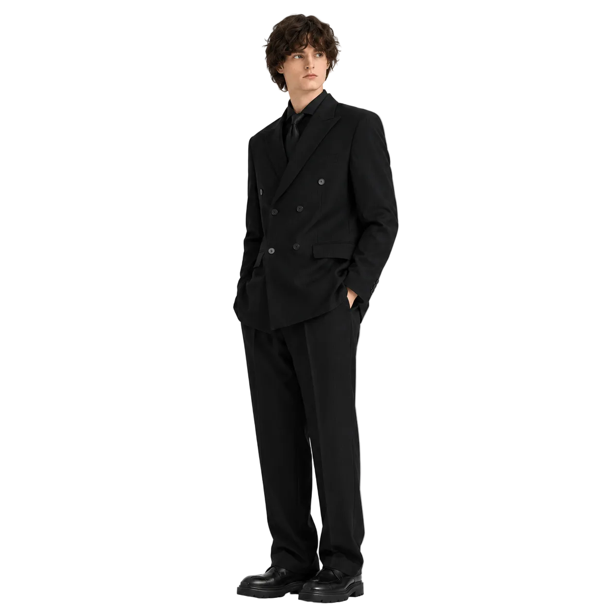 aesido Black 2 Piece High Quality Double Breasted Peaked Lapel Loose Casual Men's Suit