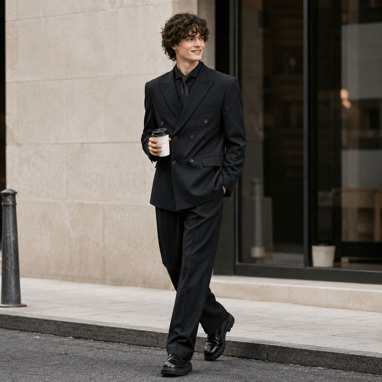 aesido Black 2 Piece High Quality Double Breasted Peaked Lapel Loose Casual Men's Suit