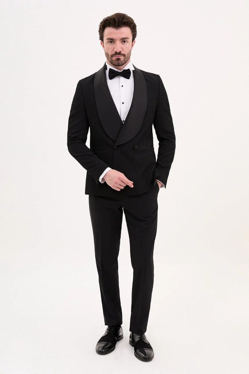 aesido Black 2 Piece Single Button Satin Shawl Lapels Business Men Suit (Blazer+Pants)
