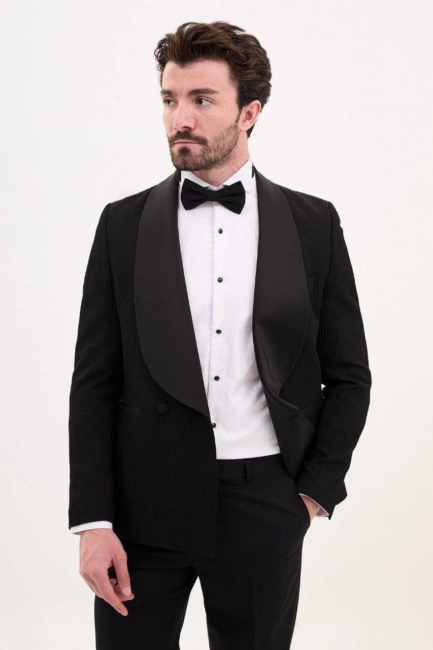aesido Black 2 Piece Single Button Satin Shawl Lapels Business Men Suit (Blazer+Pants)