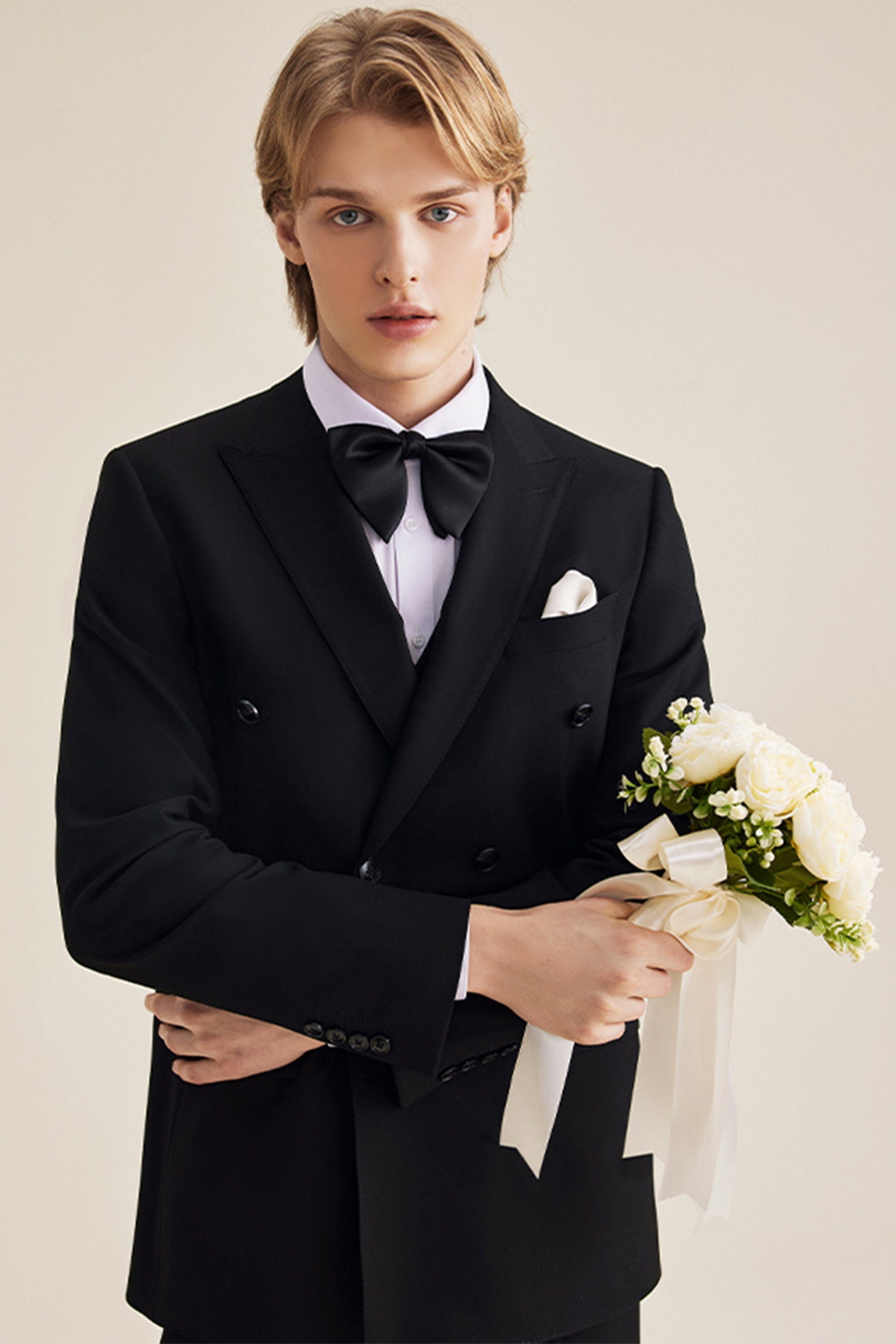 aesido Black 3 Piece Double Breasted Stylish Gentleman Business Casual Men's Suit Groom Wedding Dress