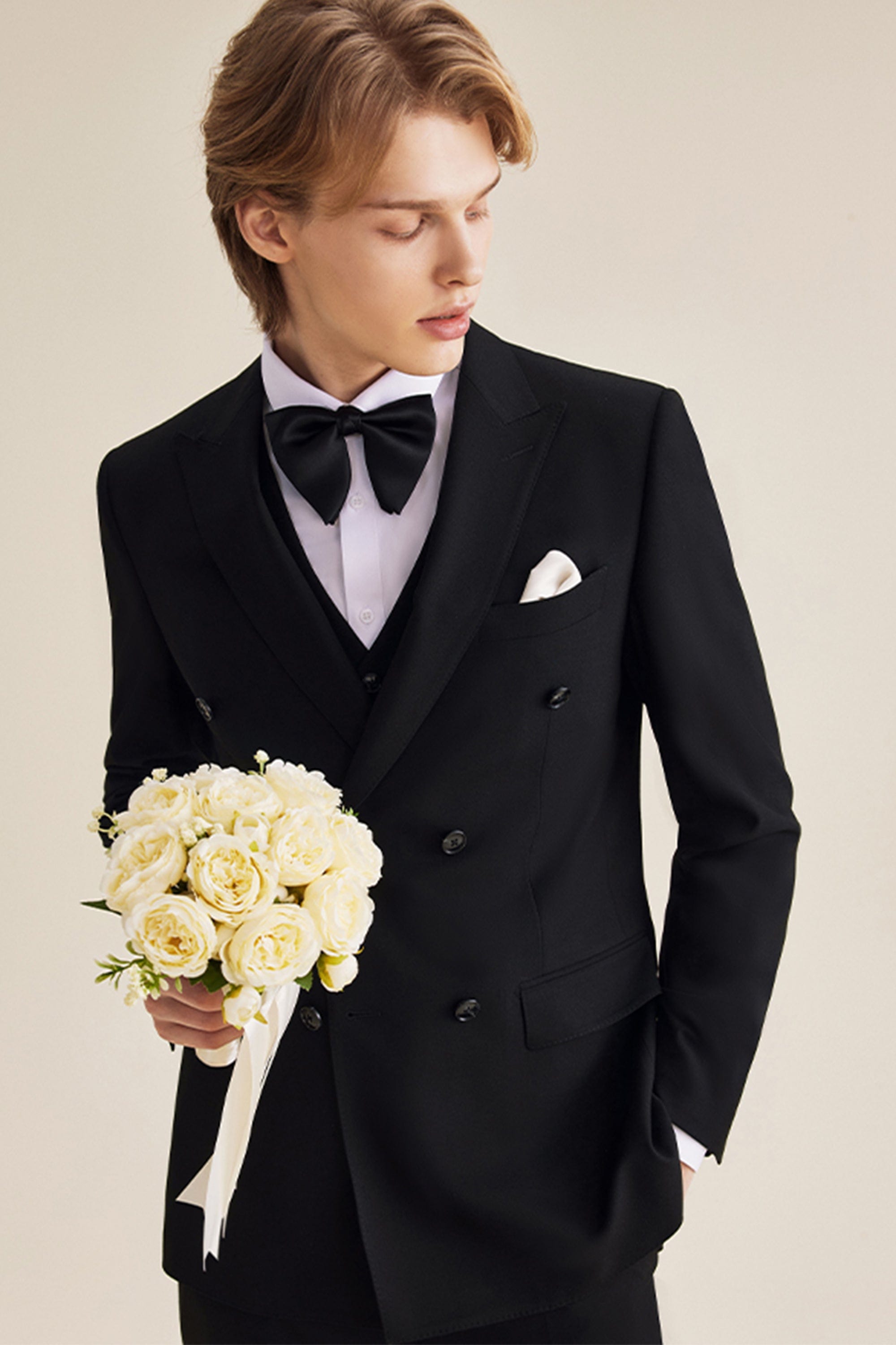aesido Black 3 Piece Double Breasted Stylish Gentleman Business Casual Men's Suit Groom Wedding Dress