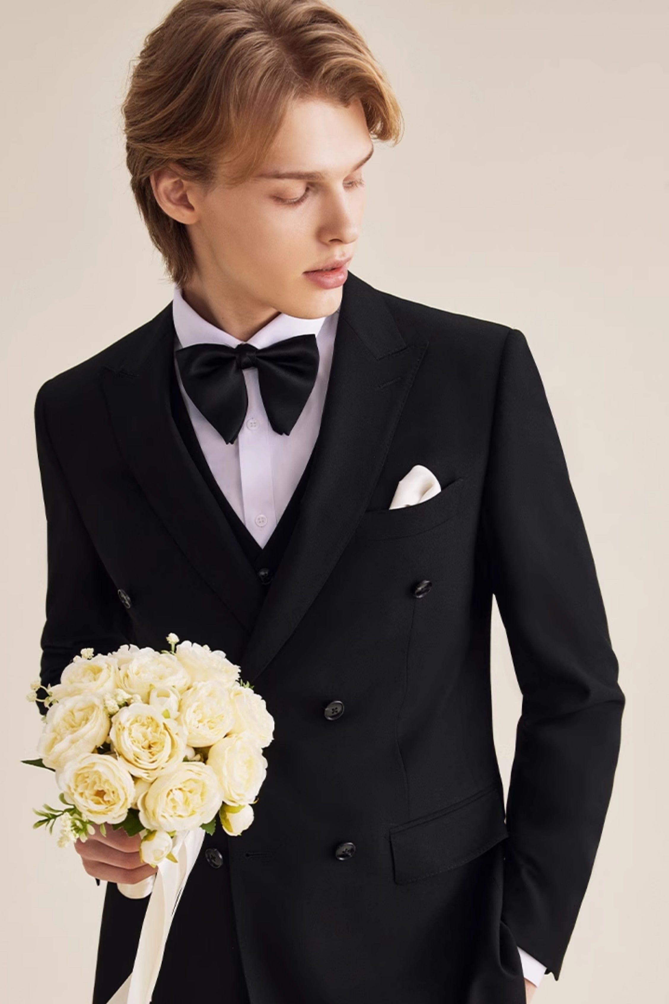 aesido Black 3 Piece Double Breasted Stylish Gentleman Business Casual Men's Suit Groom Wedding Dress