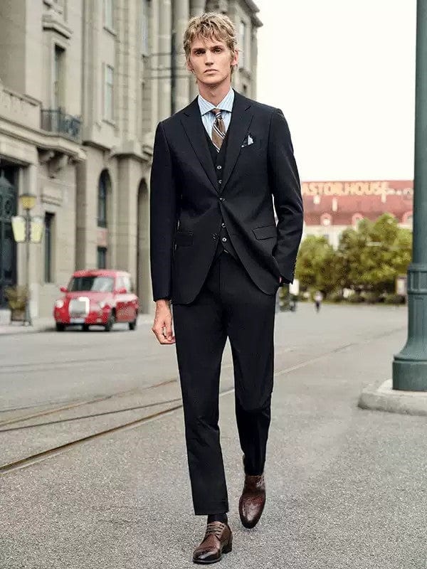 Black 3 Piece Single Breasted Business Casual Slim Fit Men's Suit Groom Wedding Dress Black / 46R Black 3 Piece Single Breasted Business Casual Slim Fit Men's Suit Groom Wedding Dress Black / 46R