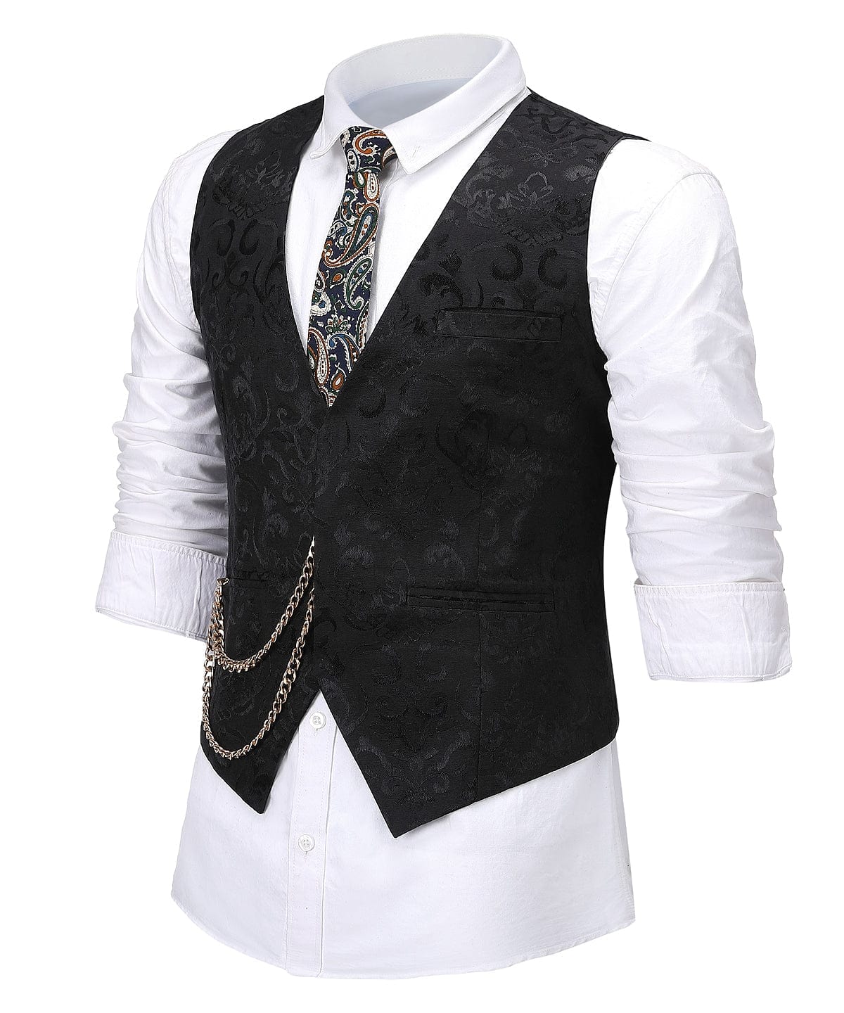 aesido Black Formal Patterned V Neck Waistcoat