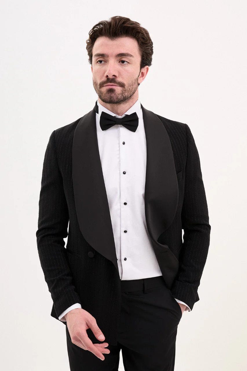 aesido Black Men’s Single-Breasted Tuxedo Suit with Satin Shawl Lapel and Matching Pants