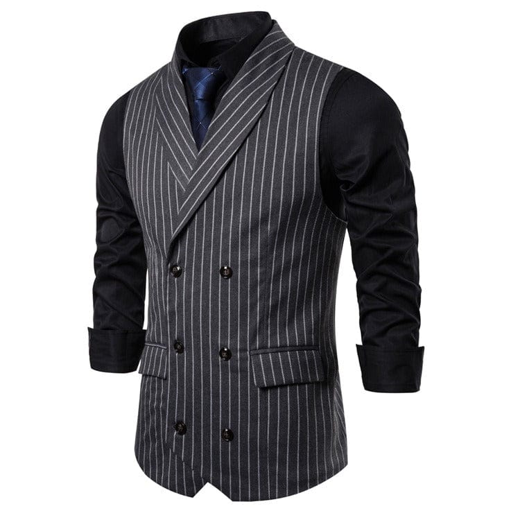 aesido Black Striped Double Breasted Shawl Lapel Men Waistcoat