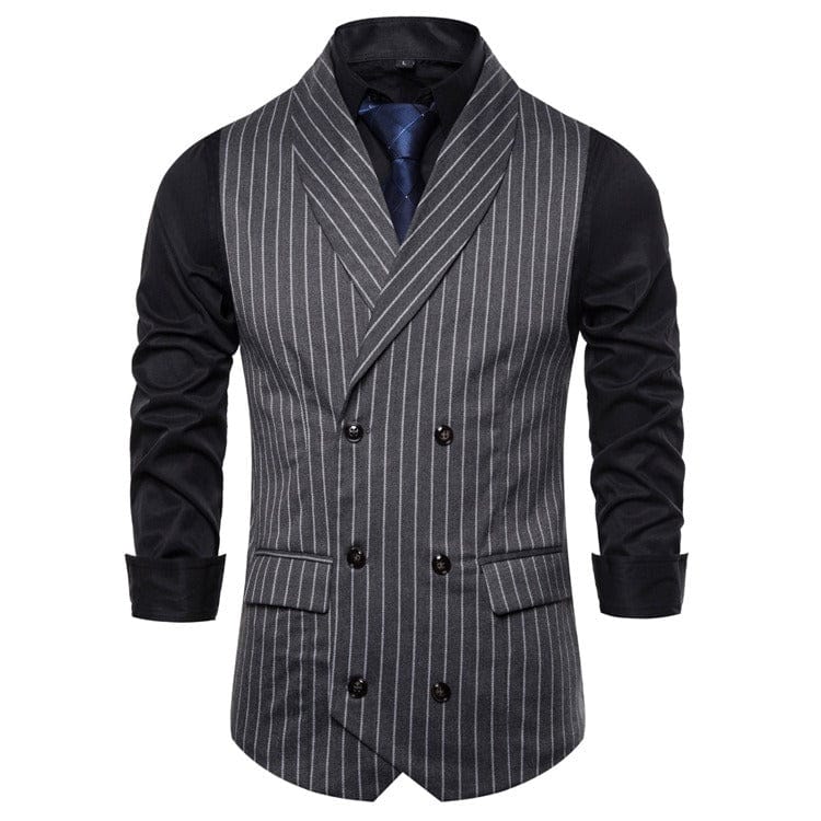 aesido Black Striped Double Breasted Shawl Lapel Men Waistcoat