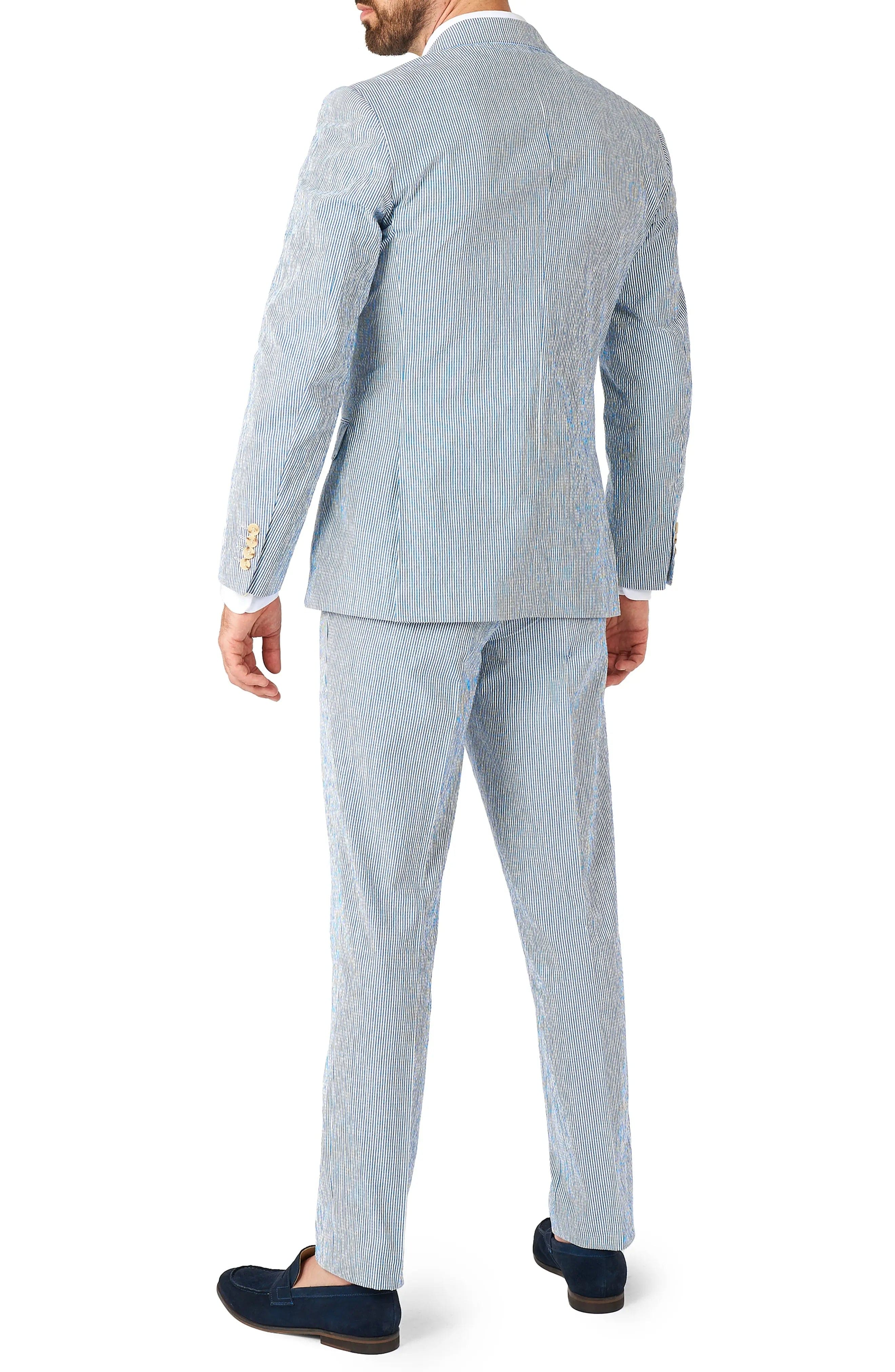 aesido Blue 2 Piece Summer Seersucker Double Button Notch Lapel Men Suit (Blazer+Pants)