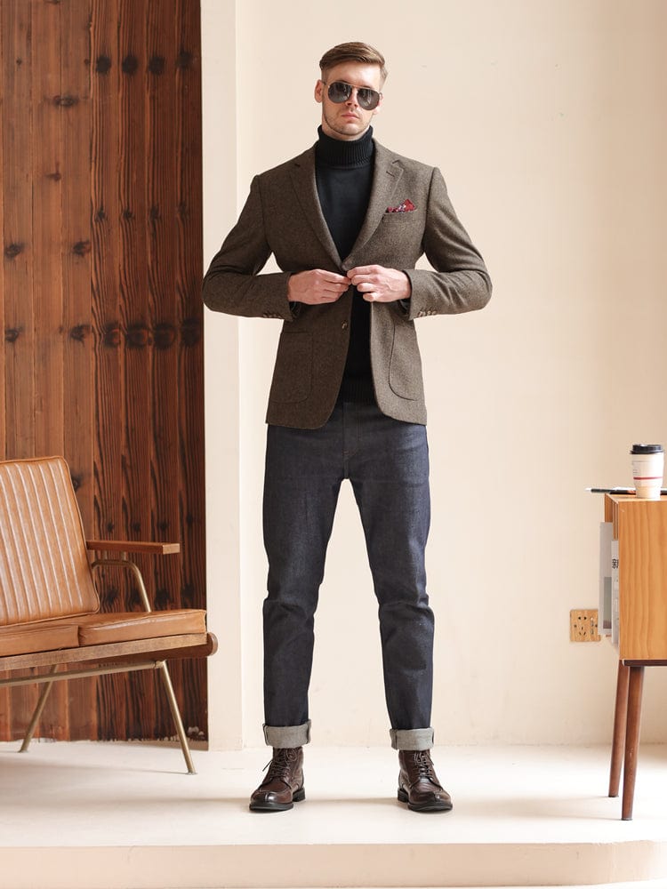 Brown Men's Business Casual Tweed Formal Blazer Brown / 48R Brown Men's Business Casual Tweed Formal Blazer Brown / 48R