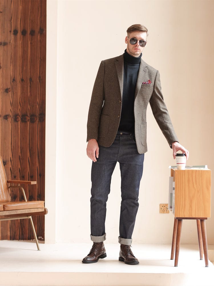 Brown Men's Business Casual Tweed Formal Blazer Brown / 48R Brown Men's Business Casual Tweed Formal Blazer Brown / 48R
