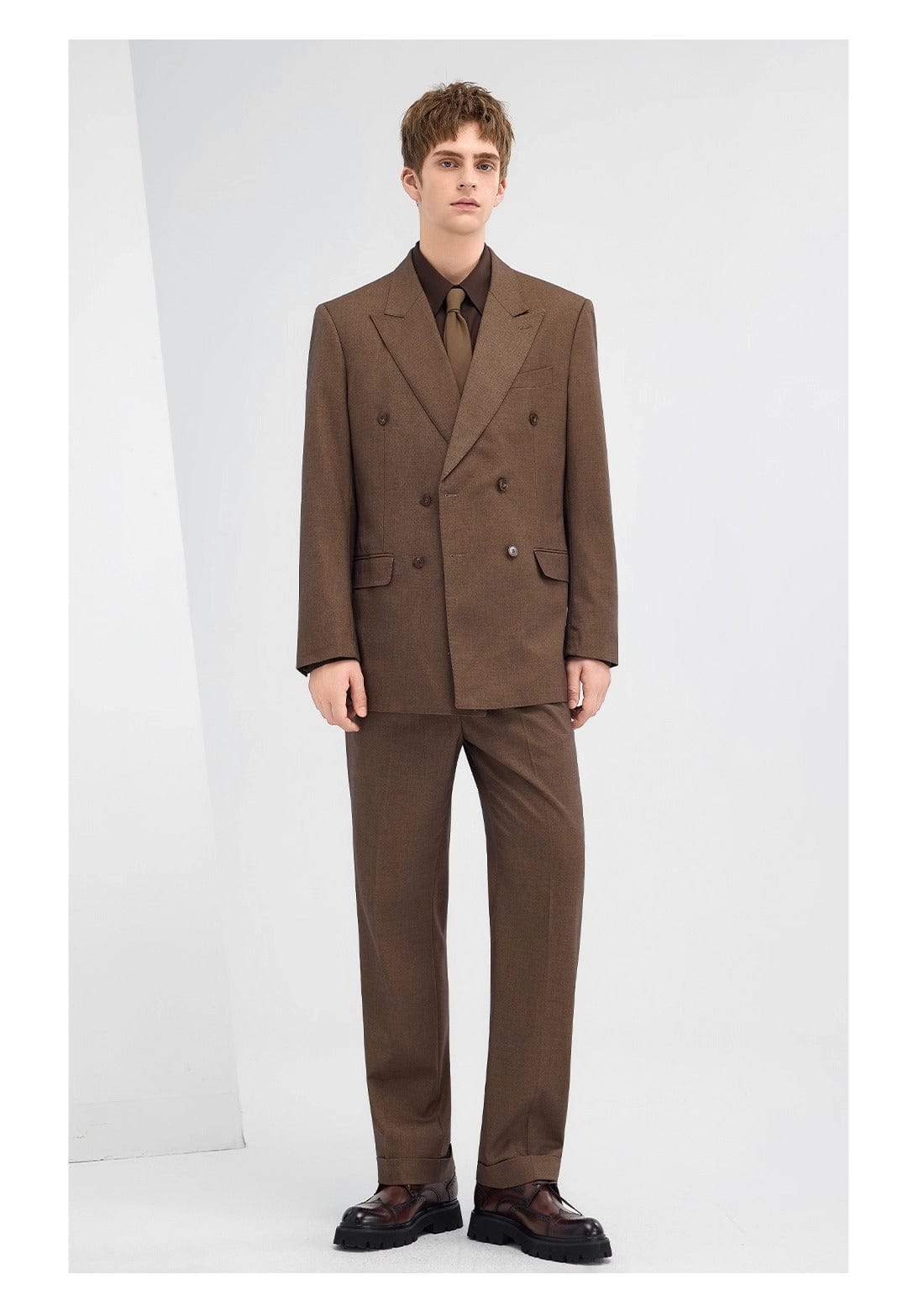 aesido Brown Men's Two-Piece Suit Double-Breasted Blazer and Trousers