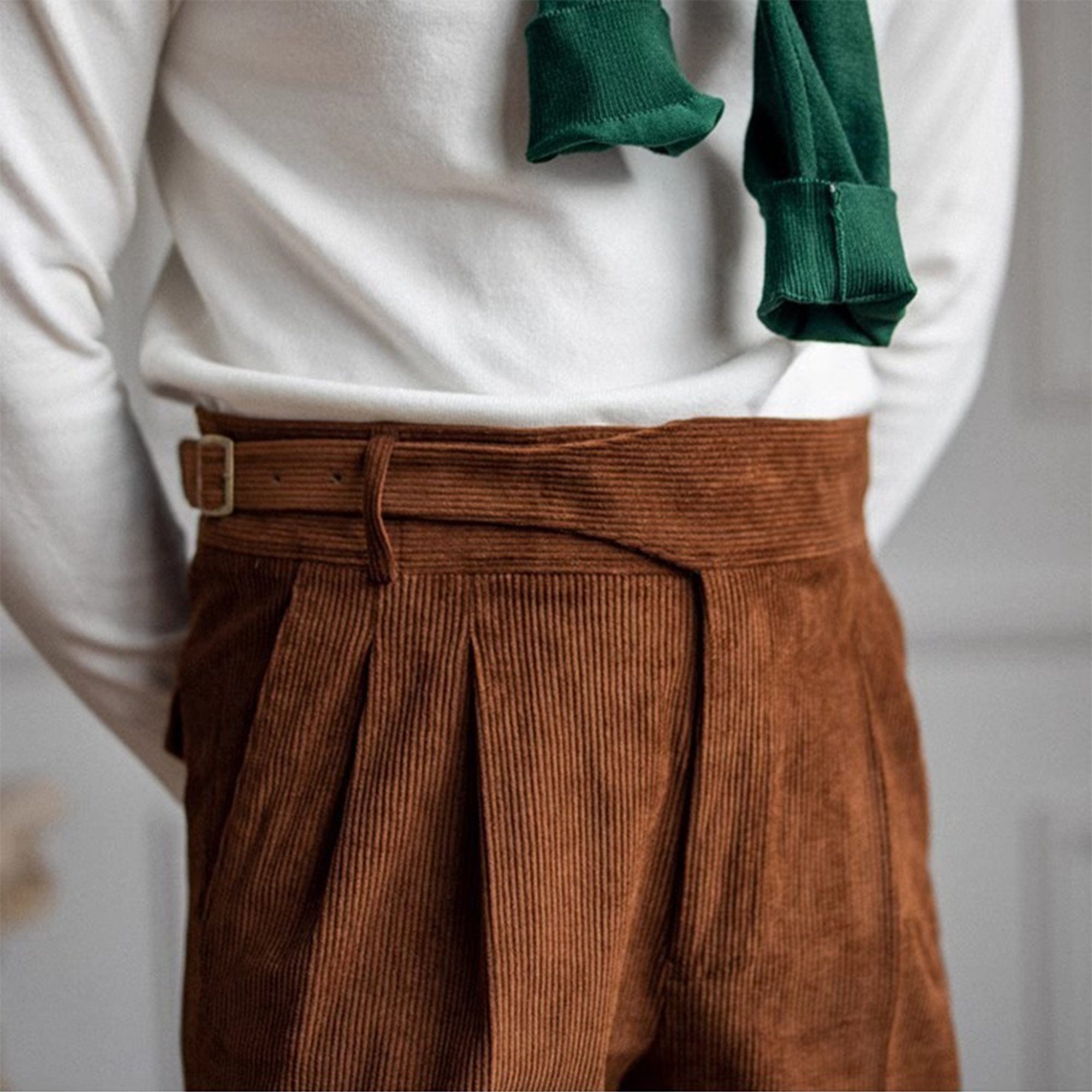 aesido Brown Retro High-Waisted Straight-Leg Curled Corduroy Men's Trousers