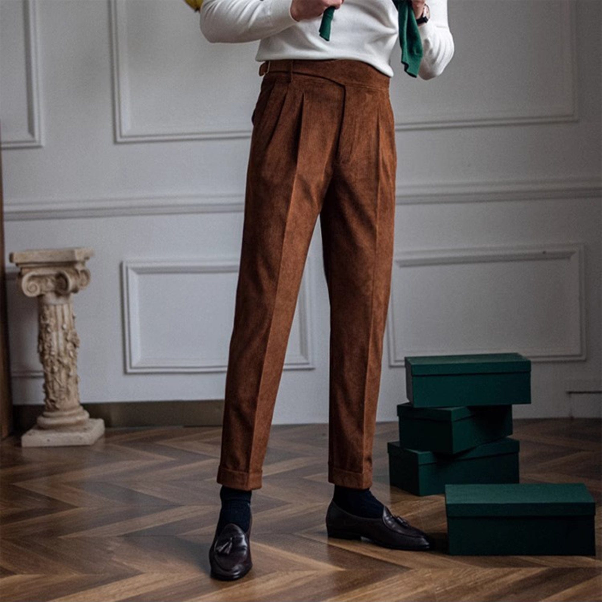 aesido Brown Retro High-Waisted Straight-Leg Curled Corduroy Men's Trousers