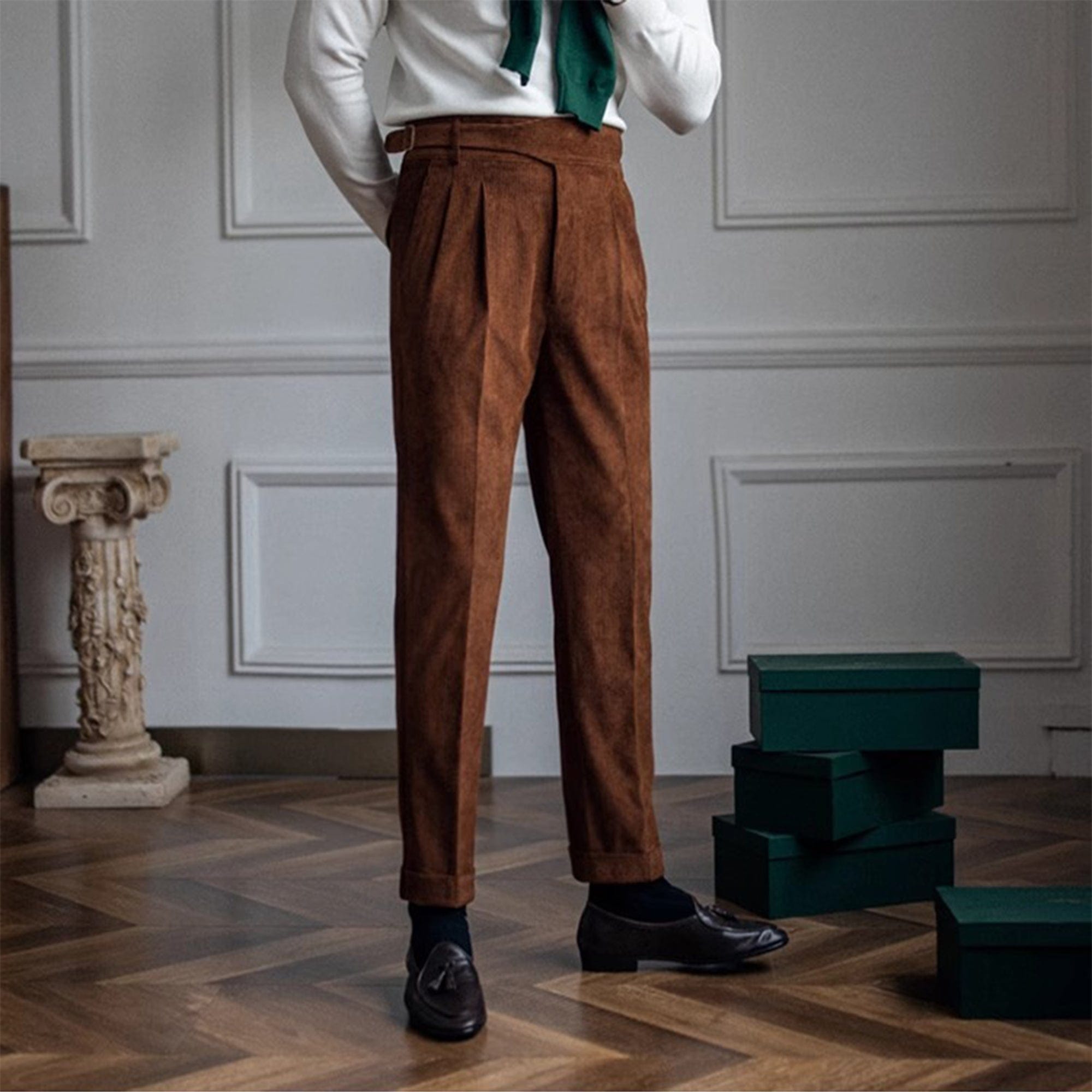 aesido Brown Retro High-Waisted Straight-Leg Curled Corduroy Men's Trousers