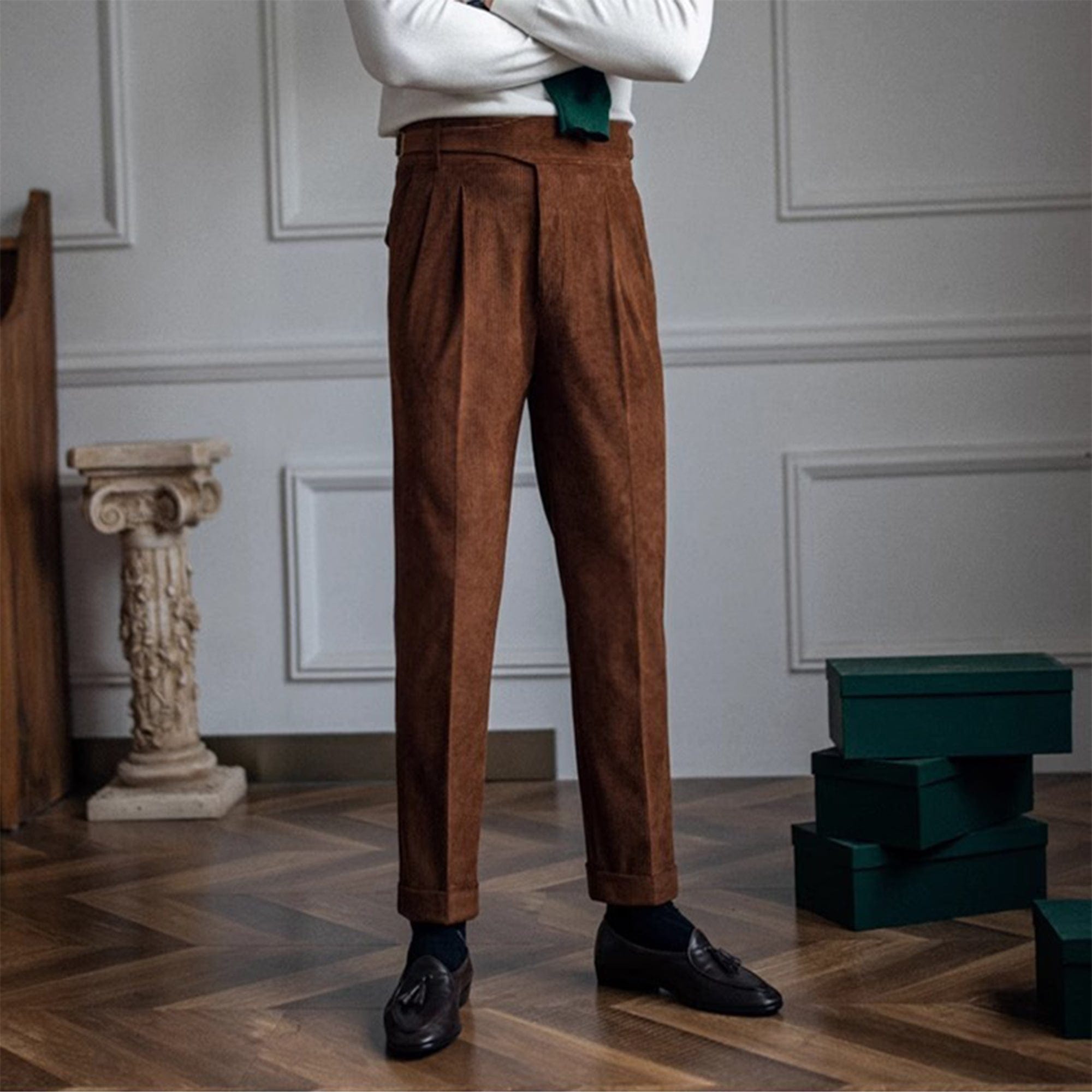aesido Brown Retro High-Waisted Straight-Leg Curled Corduroy Men's Trousers