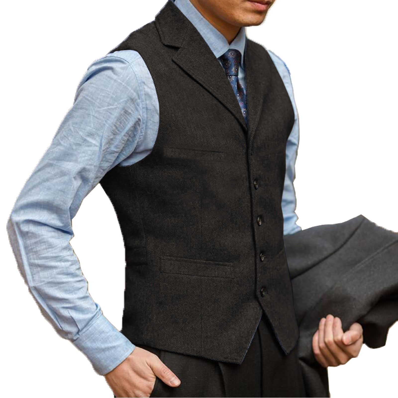 aesido Business Men's Suit Vest Herringbone Notch Lapel Waistcoat