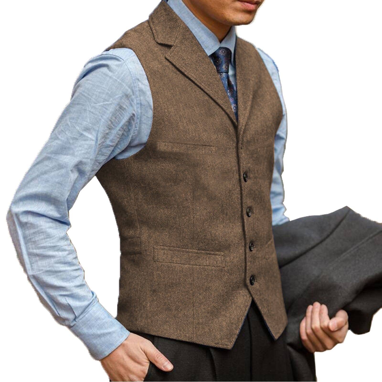 aesido Business Men's Suit Vest Herringbone Notch Lapel Waistcoat