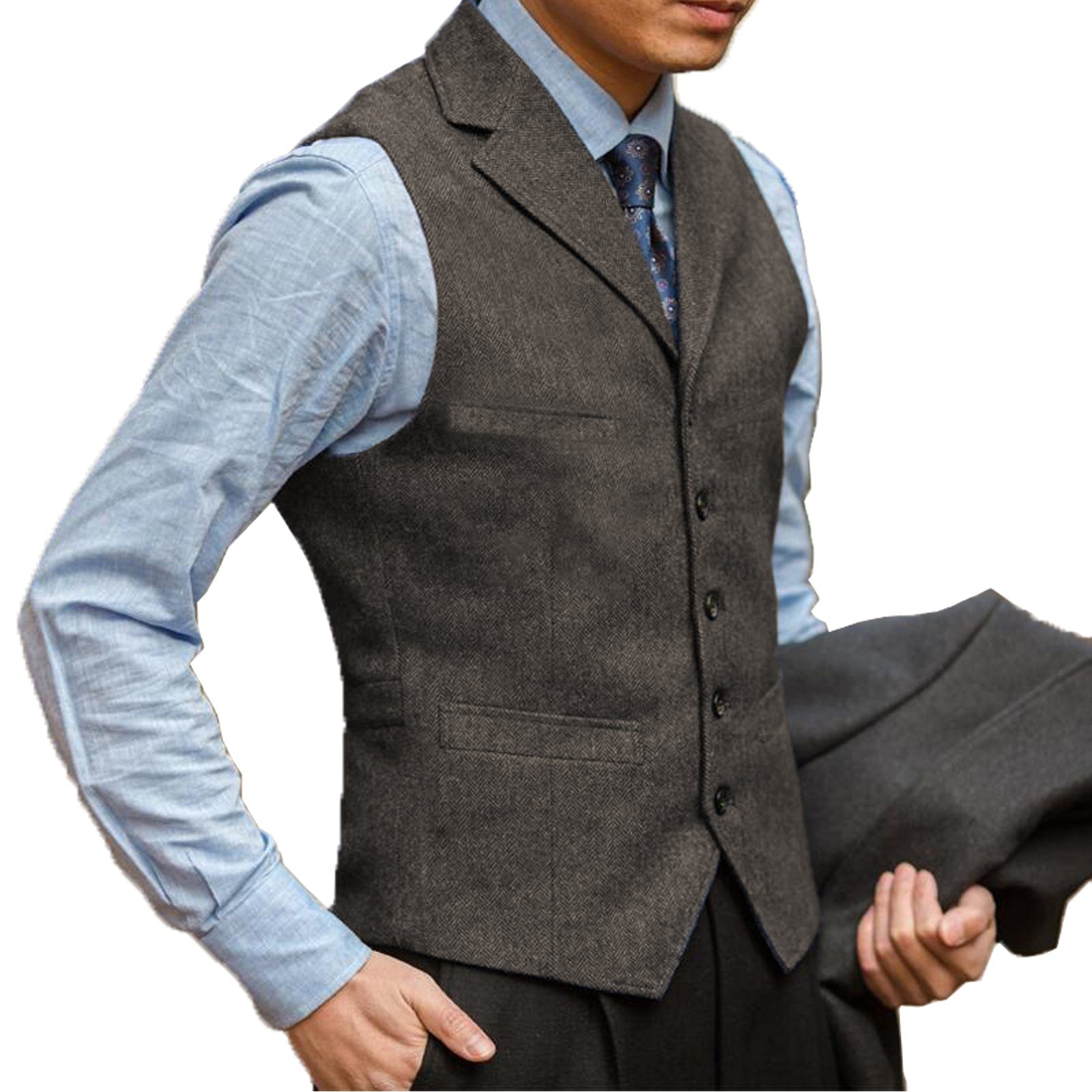 aesido Business Men's Suit Vest Herringbone Notch Lapel Waistcoat