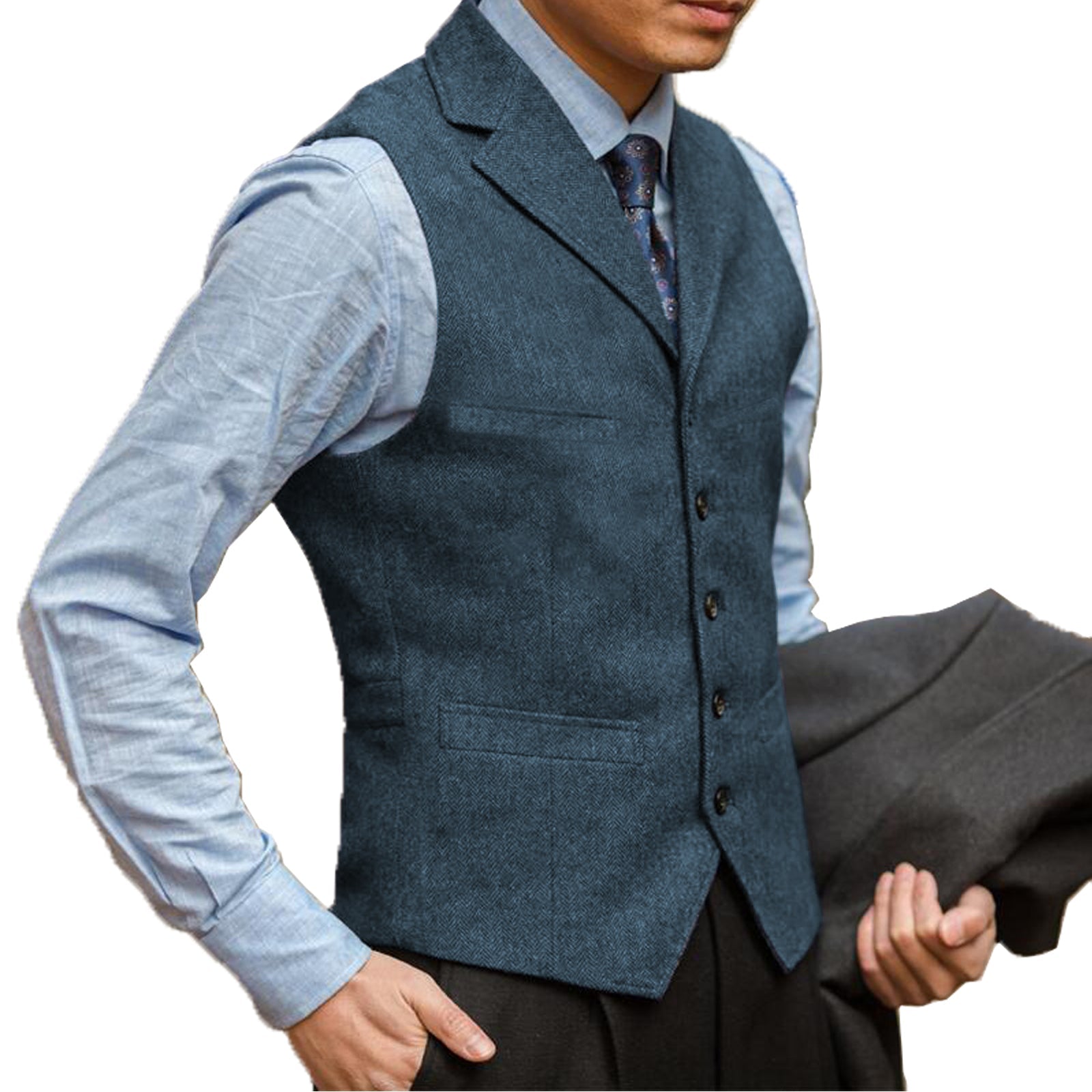 aesido Business Men's Suit Vest Herringbone Notch Lapel Waistcoat