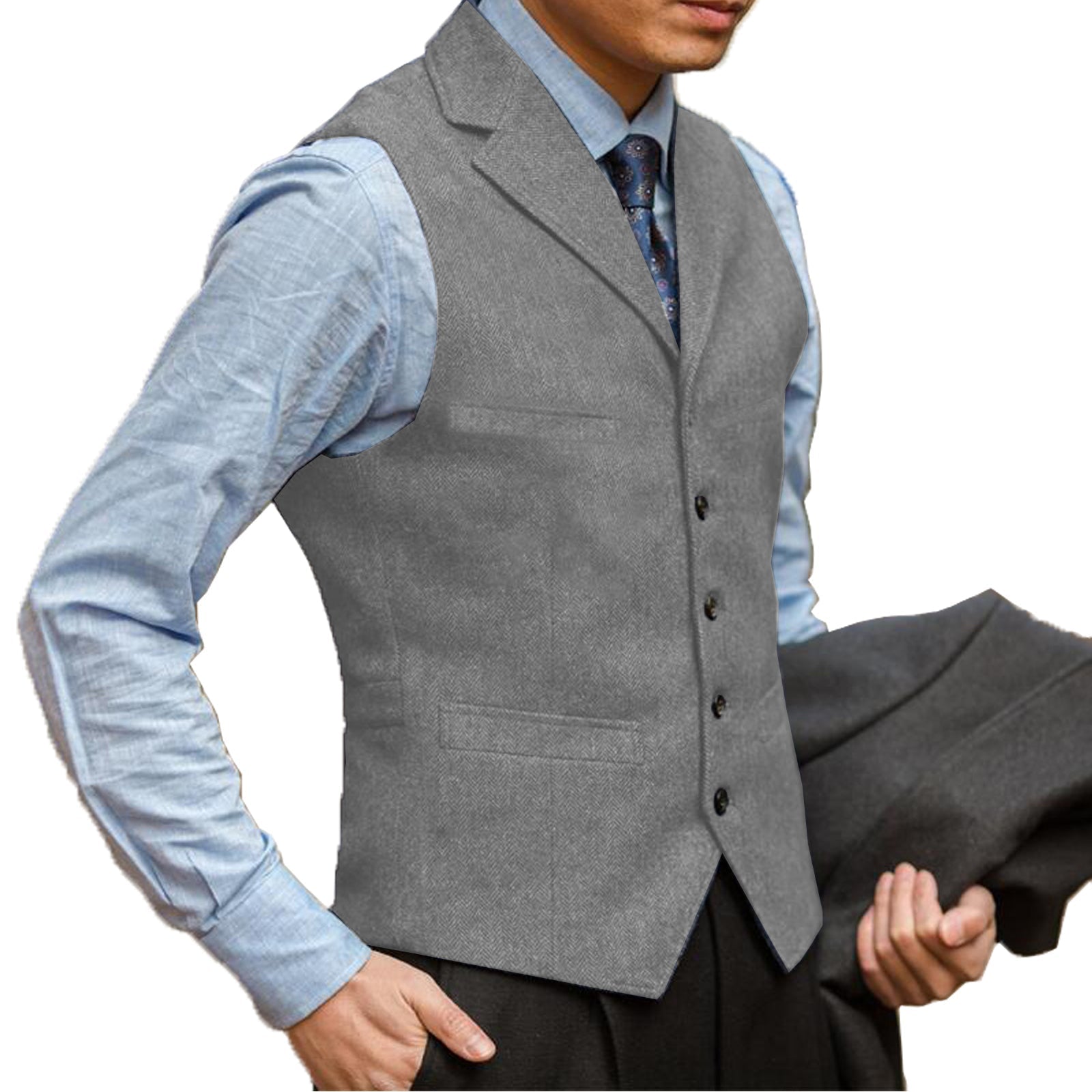 aesido Business Men's Suit Vest Herringbone Notch Lapel Waistcoat