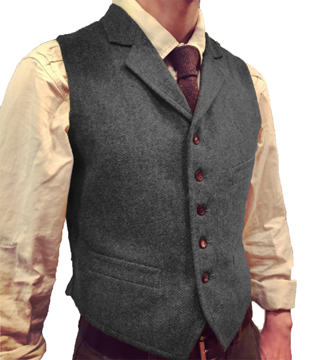 aesido Casual Men's Suit Vest Herringbone Notch Lapel Waistcoat