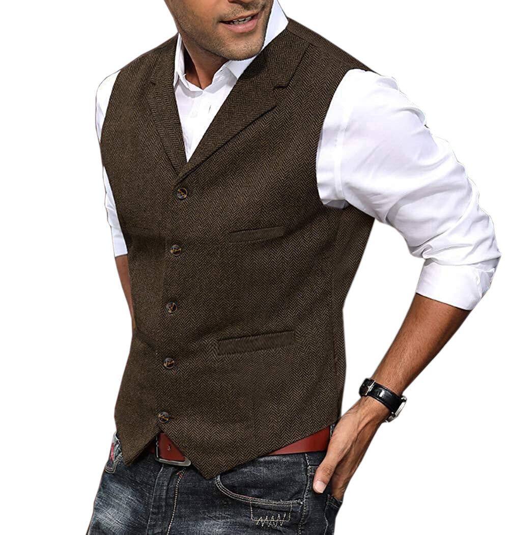 Casual Men's Suit Vest Herringbone Notch Lapel Waistcoat